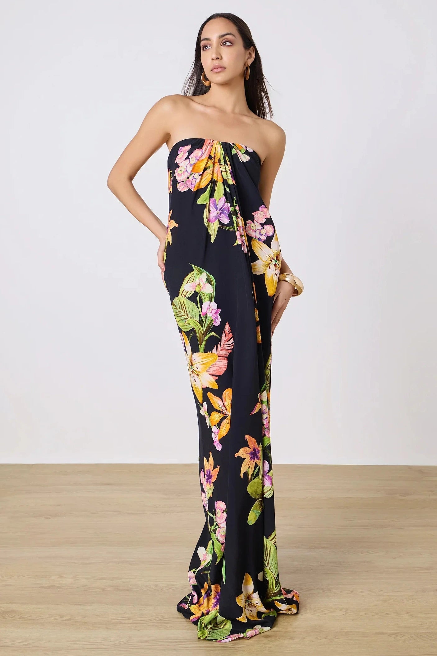 Rococo Sand Robe Maxi Drapée Sans Bretelles en Crêpe de Viscose Noir