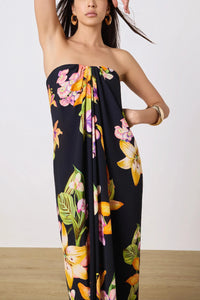 Rococo Sand Robe Maxi Drapée Sans Bretelles en Crêpe de Viscose Noir