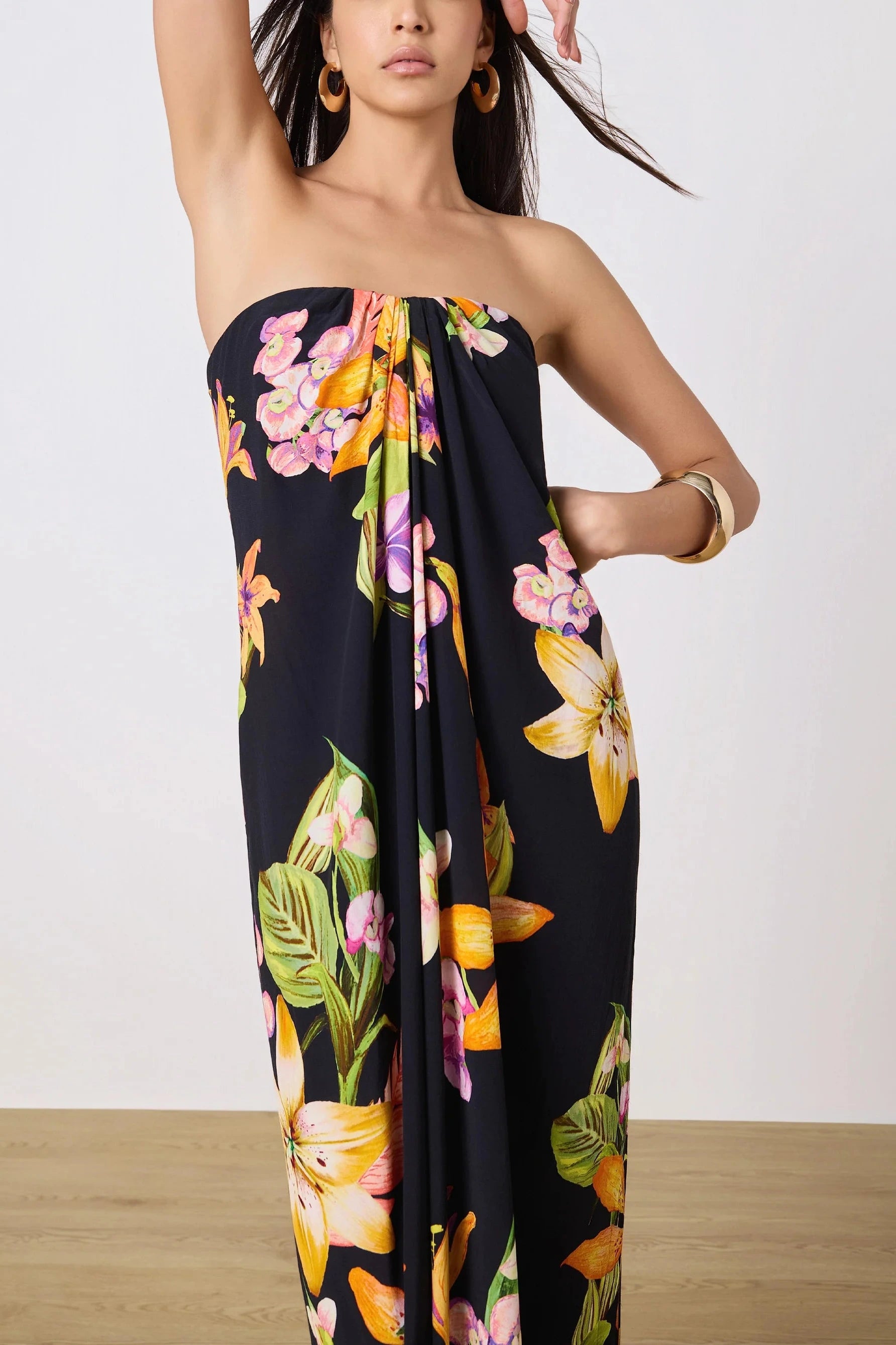 Rococo Sand Robe Maxi Drapée Sans Bretelles en Crêpe de Viscose Noir