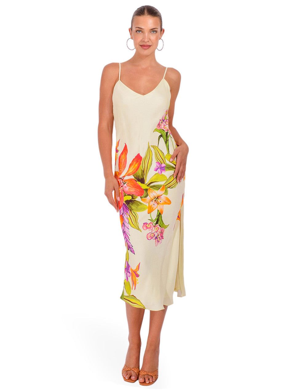 Rococo Sand Viscose Satin Heavy Strappy Midi Dress Cream