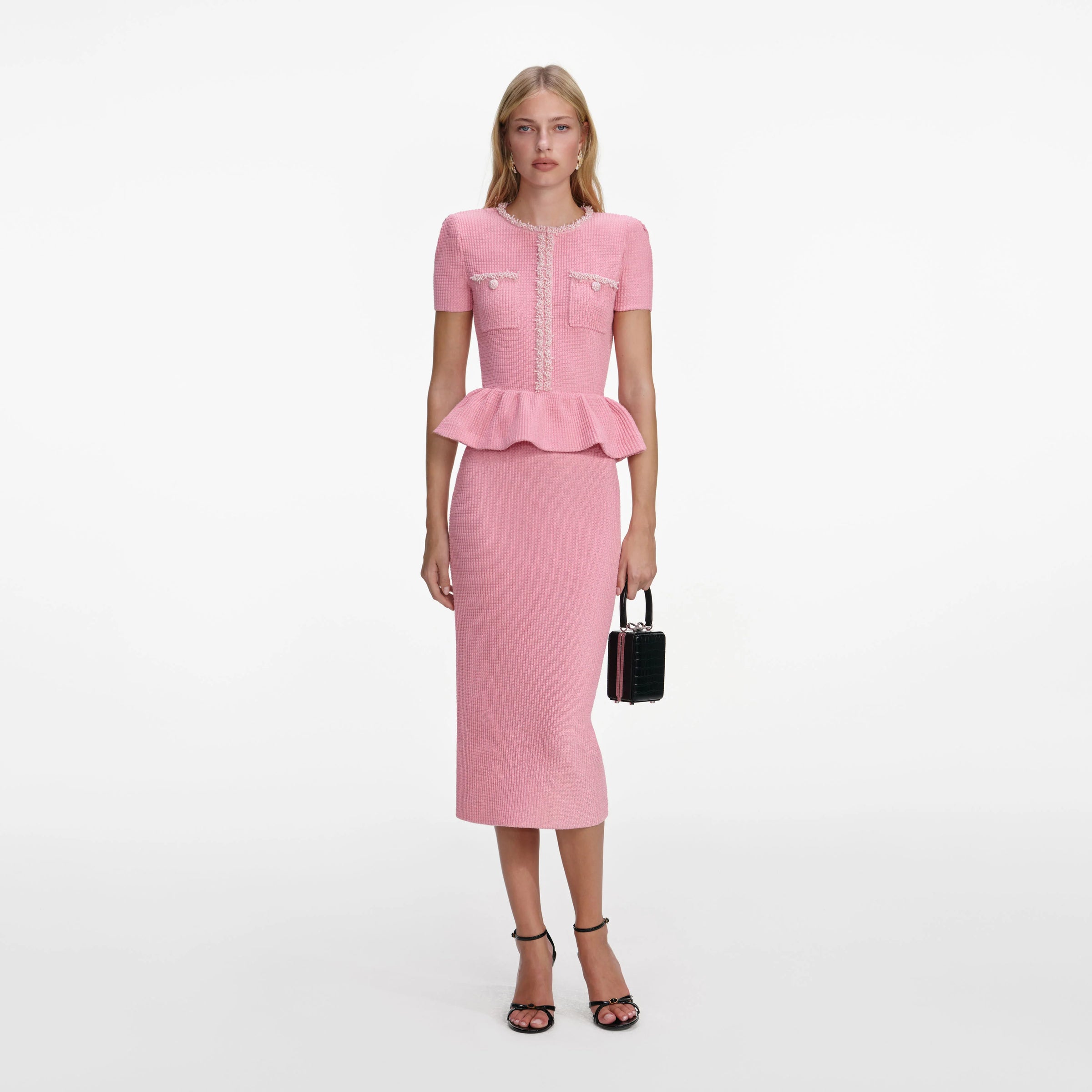 Self-Portrait Pink Peplum Knit Midi Dress