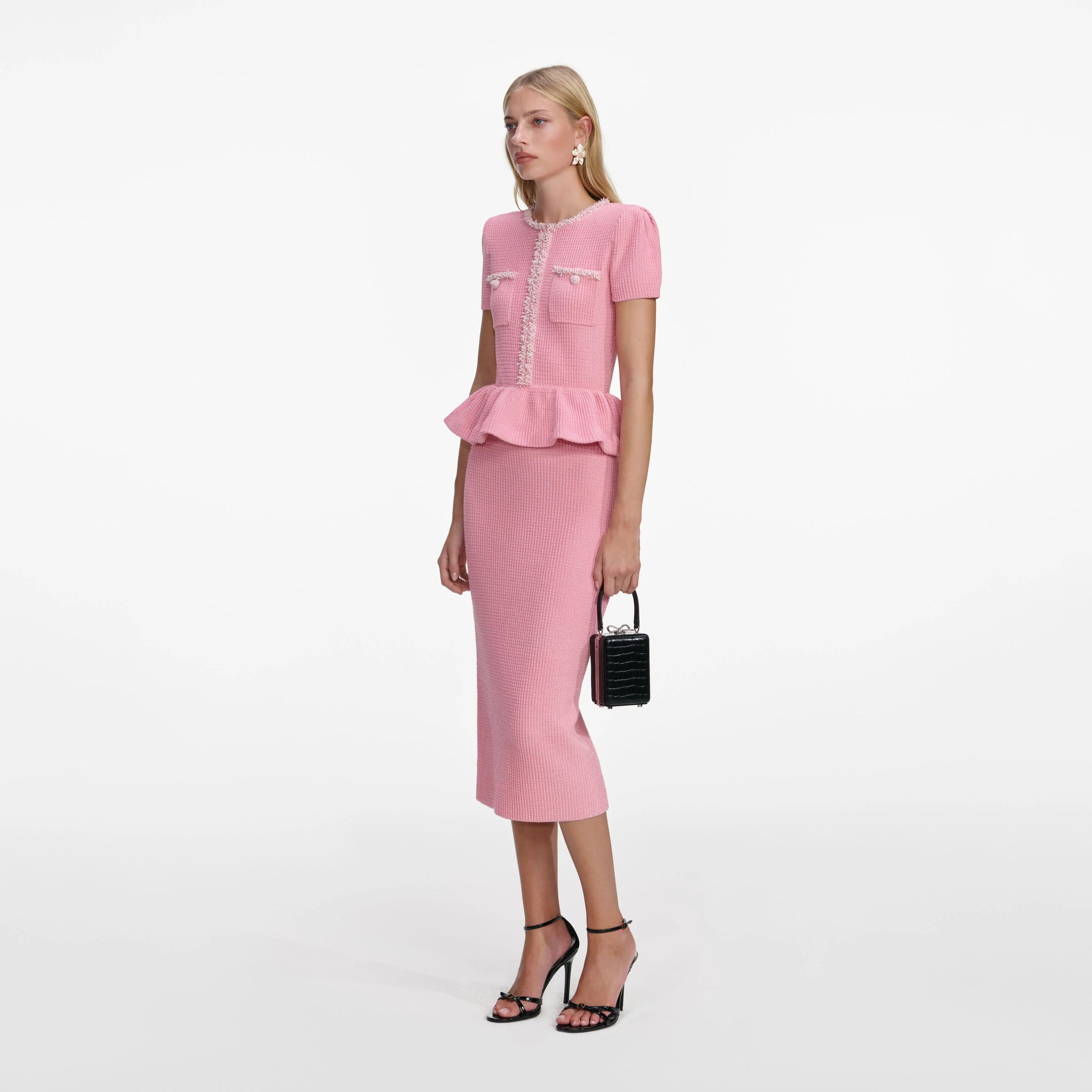 Self-Portrait Pink Peplum Knit Midi Dress