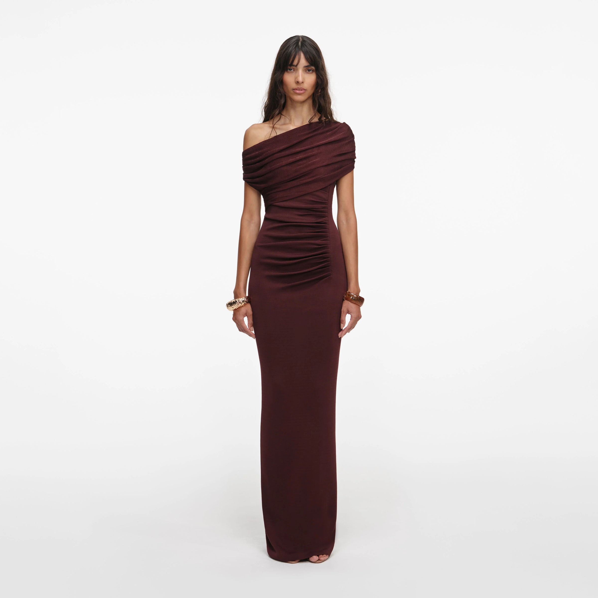 Self-Portrait Brown Draped Knit Midi Dress