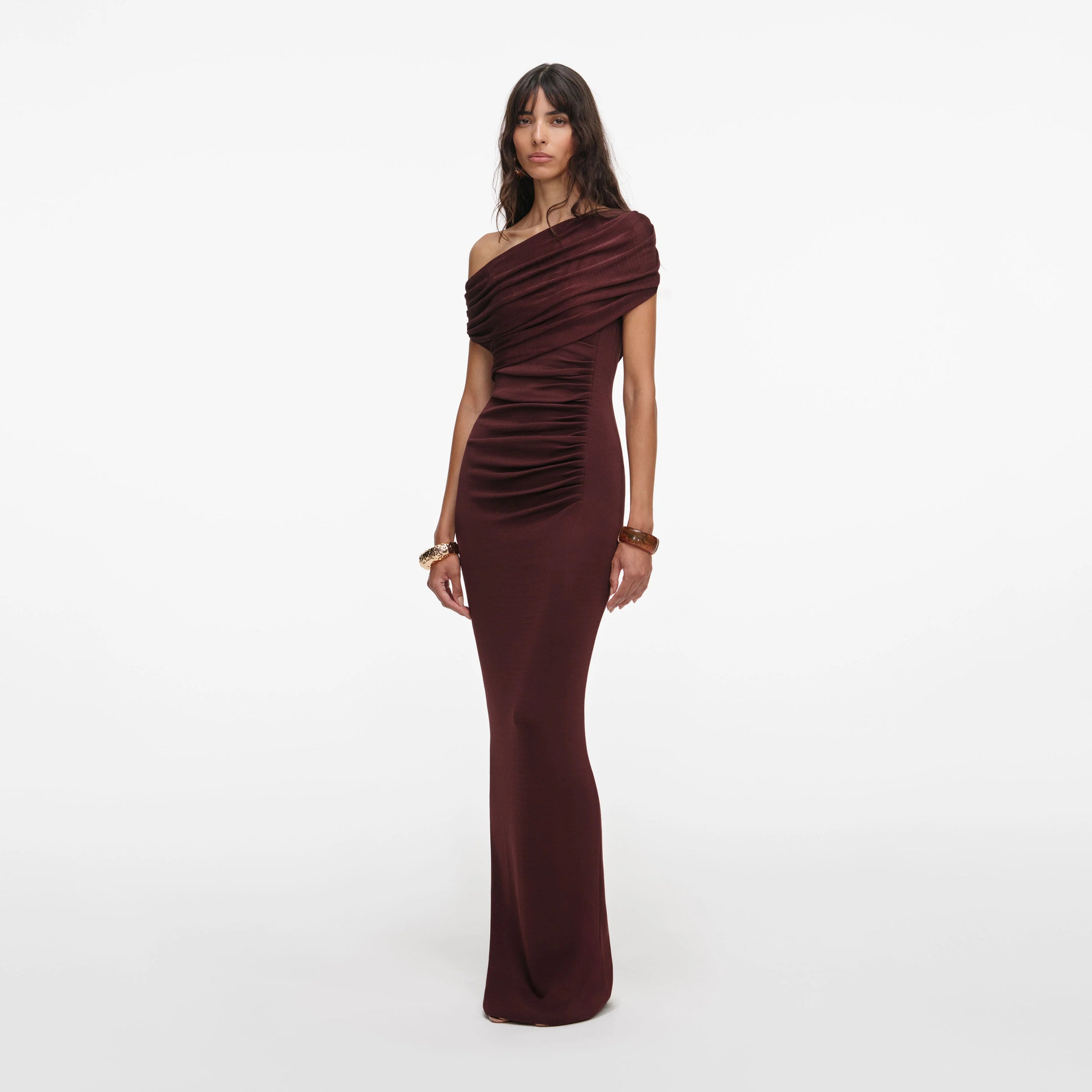 Self-Portrait Brown Draped Knit Midi Dress