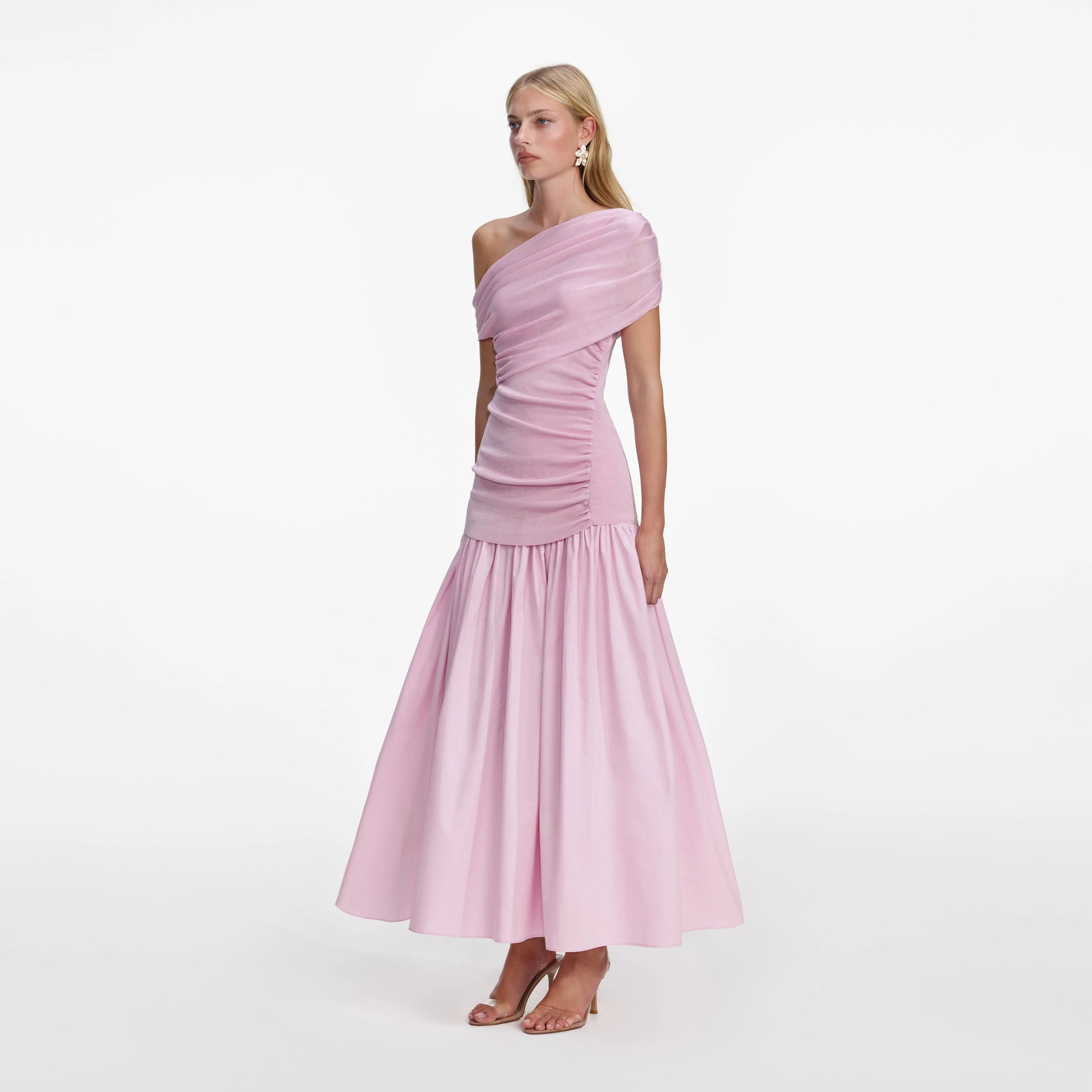 Self-Portrait Pink Cotton Draped Knit Midi Dress