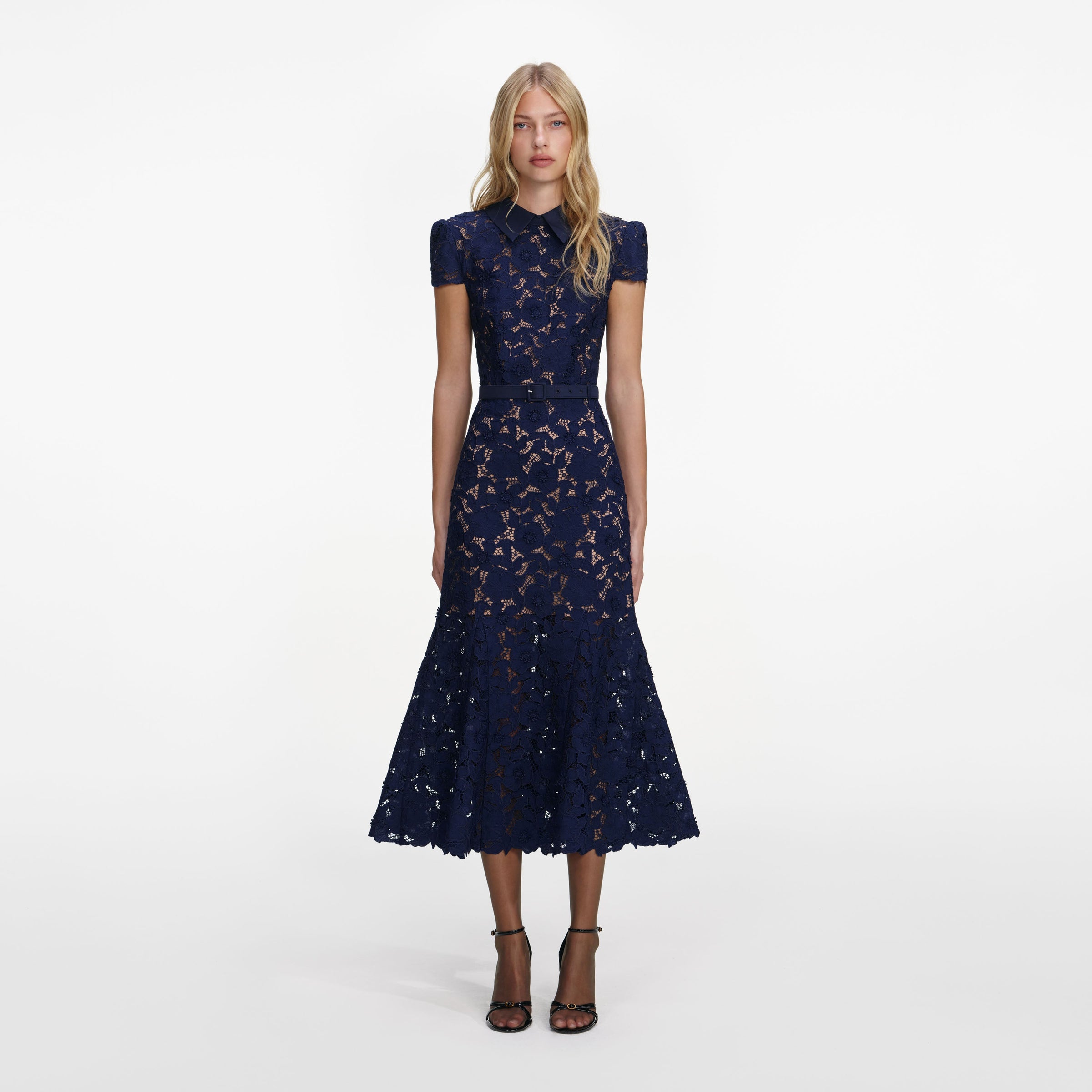 Self-Portrait Navy Guipure Lace Midi Dress