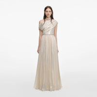 Self-Portrait Champagne Metallic Chiffon Maxi Dress