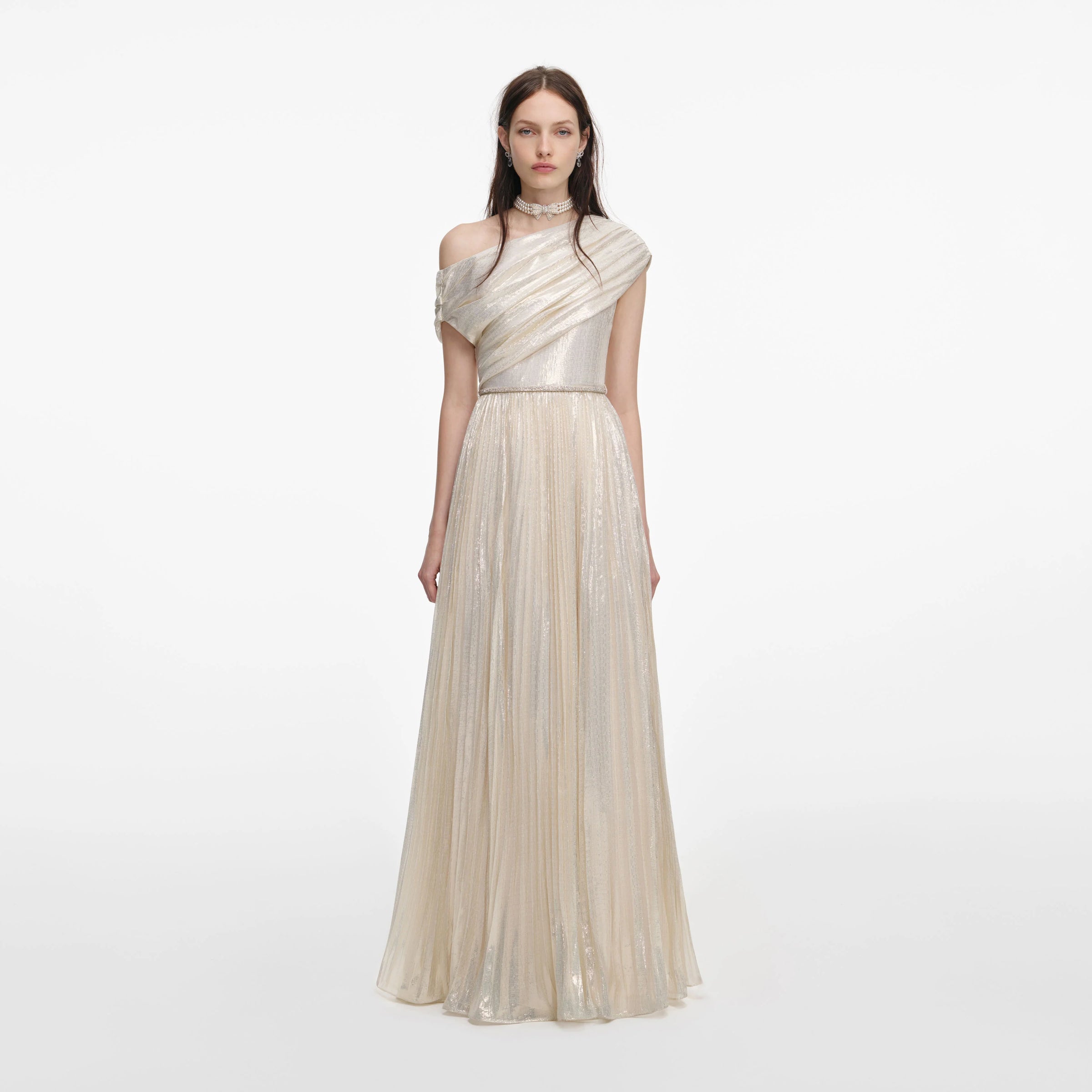 Self-Portrait Champagne Metallic Chiffon Maxi Dress