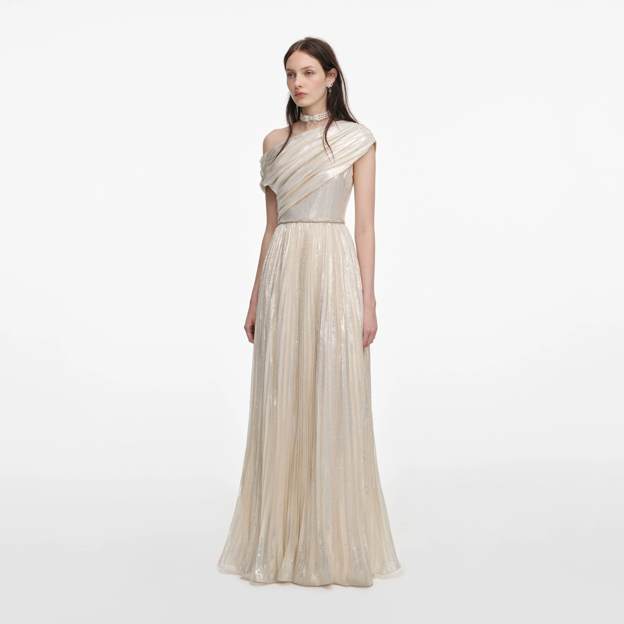 Self-Portrait Champagne Metallic Chiffon Maxi Dress