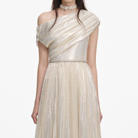 Self-Portrait Champagne Metallic Chiffon Maxi Dress