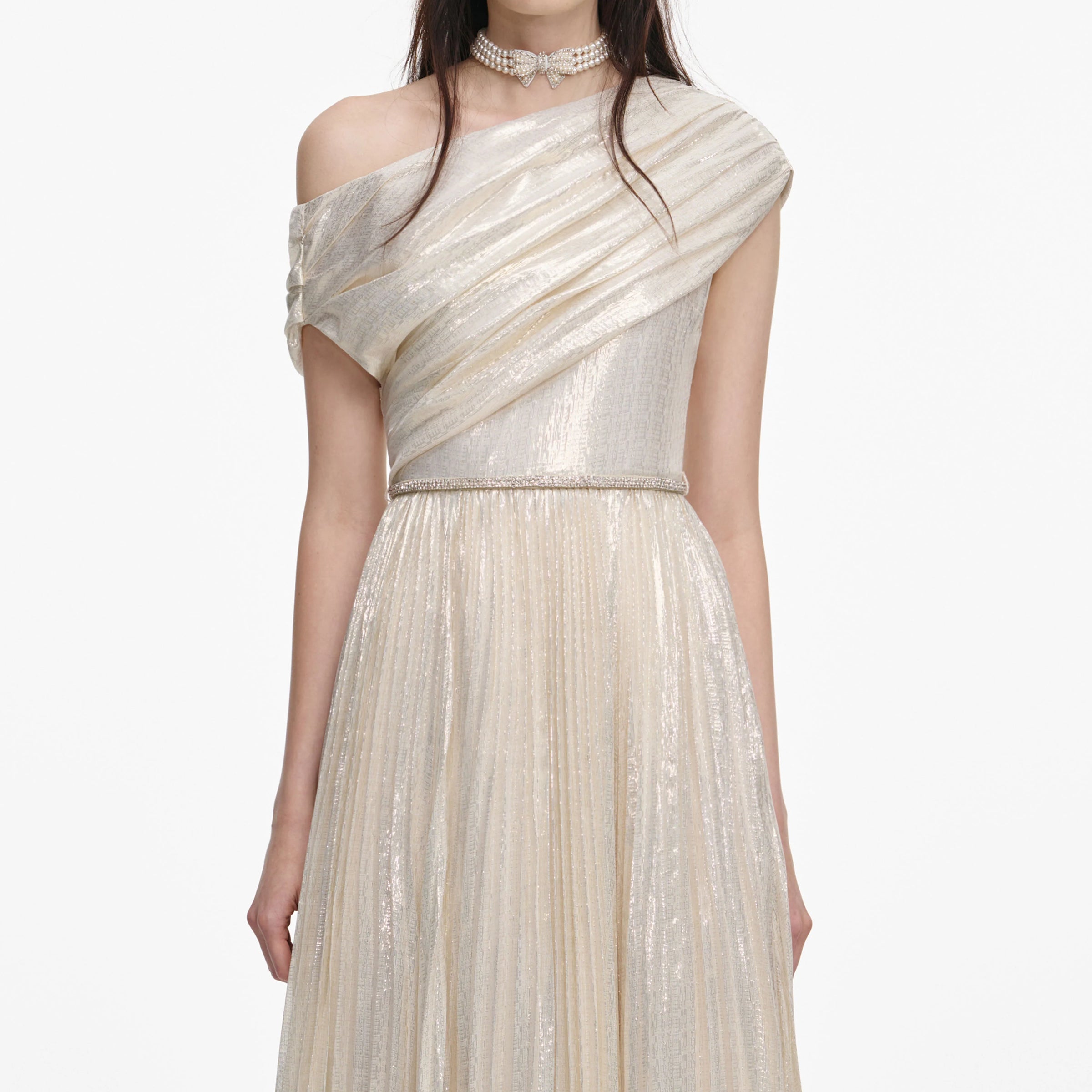 Self-Portrait Champagne Metallic Chiffon Maxi Dress