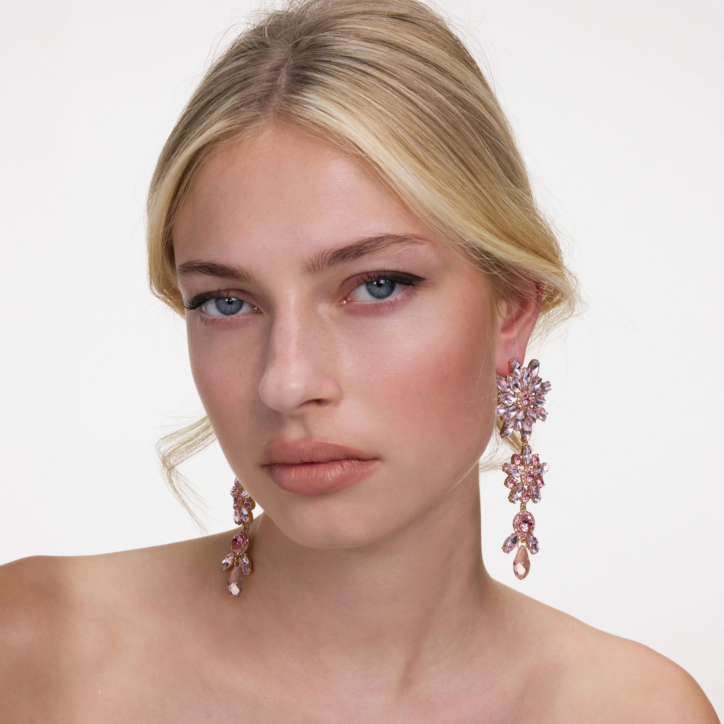 Self-Portrait Pink Crystal Tiered Flower Earrings