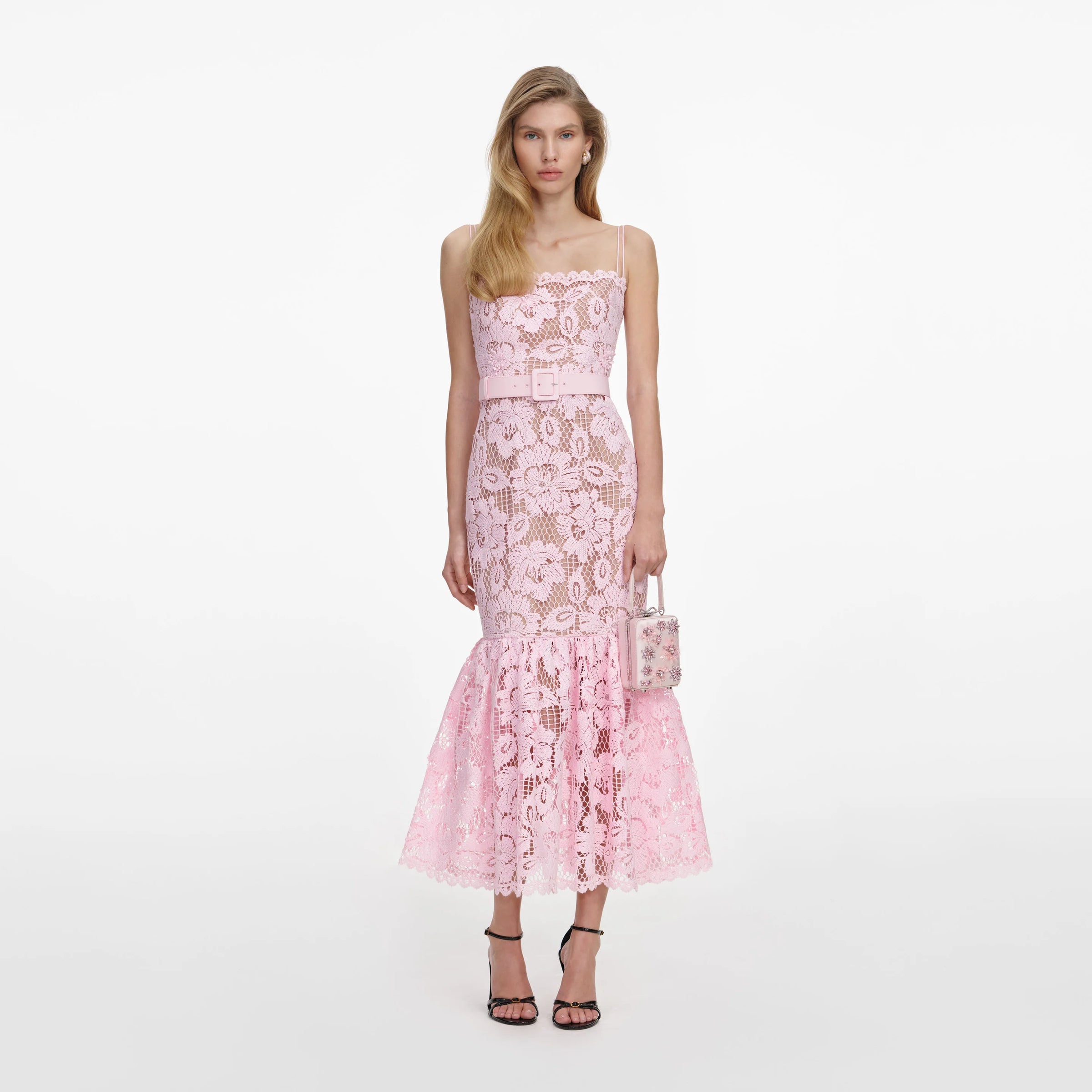 Robe midi en dentelle crochet rose Self-Portrait