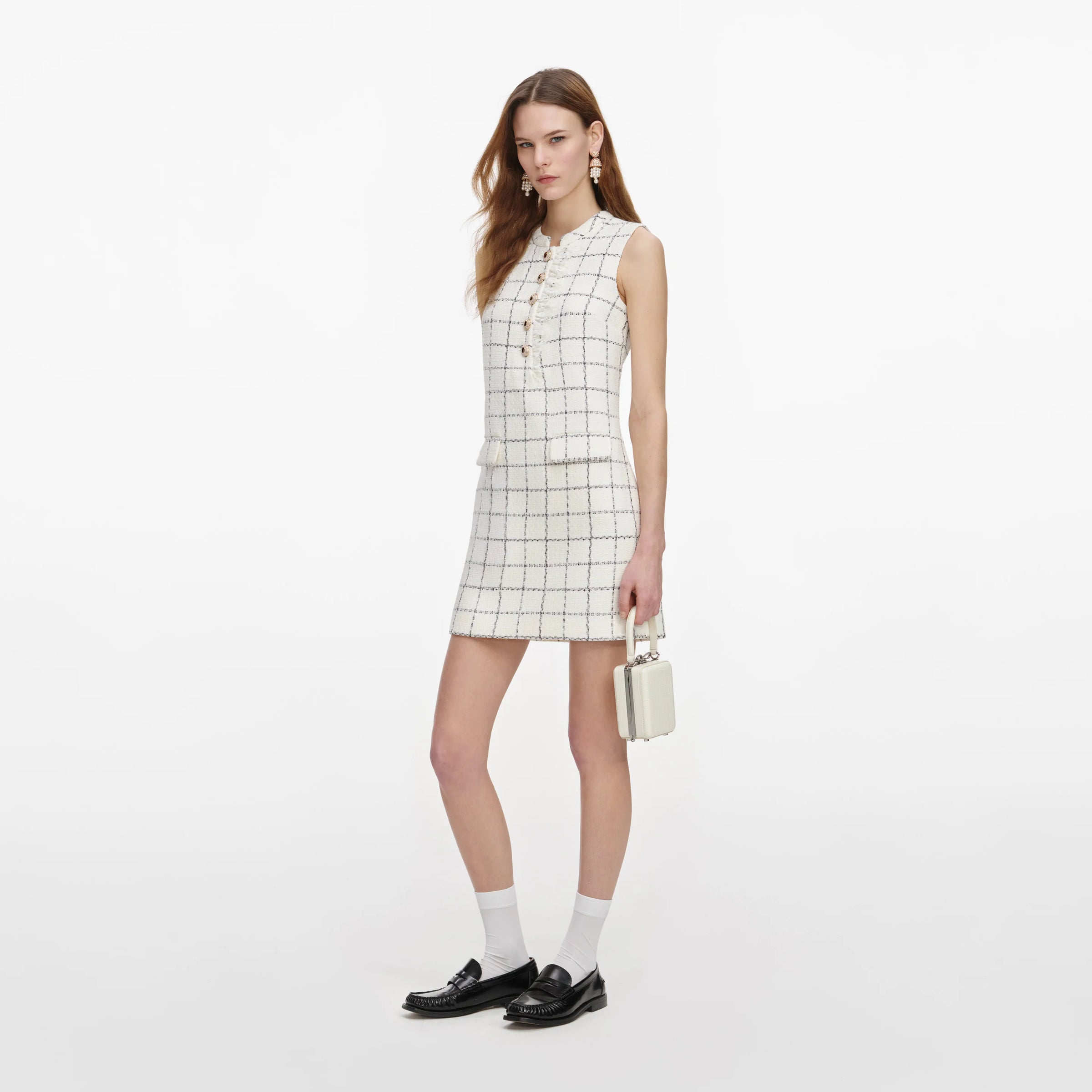 Self-Portrait Check Boucle Lace Trim Mini Dress
