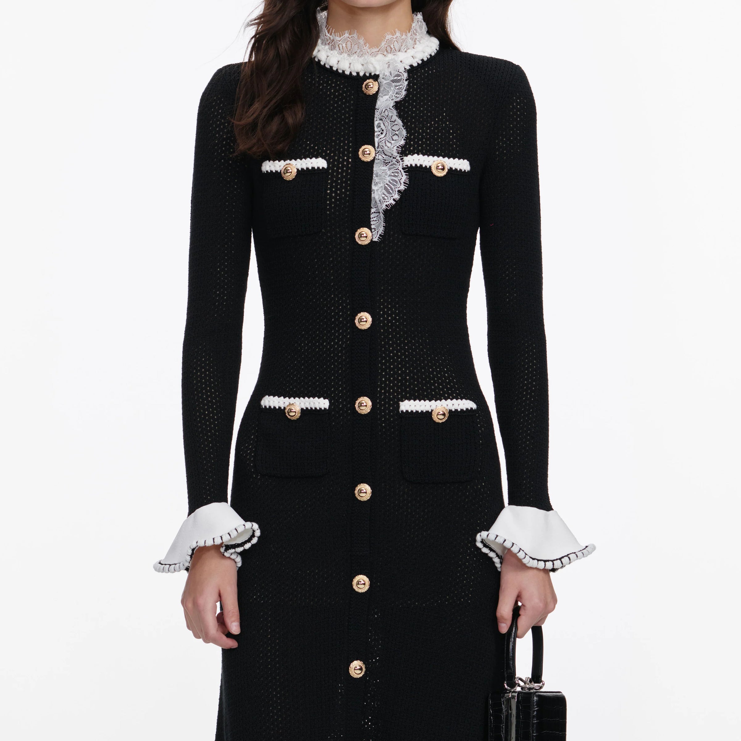 Self-Portrait Black Lace Trim Knit Midi Dress