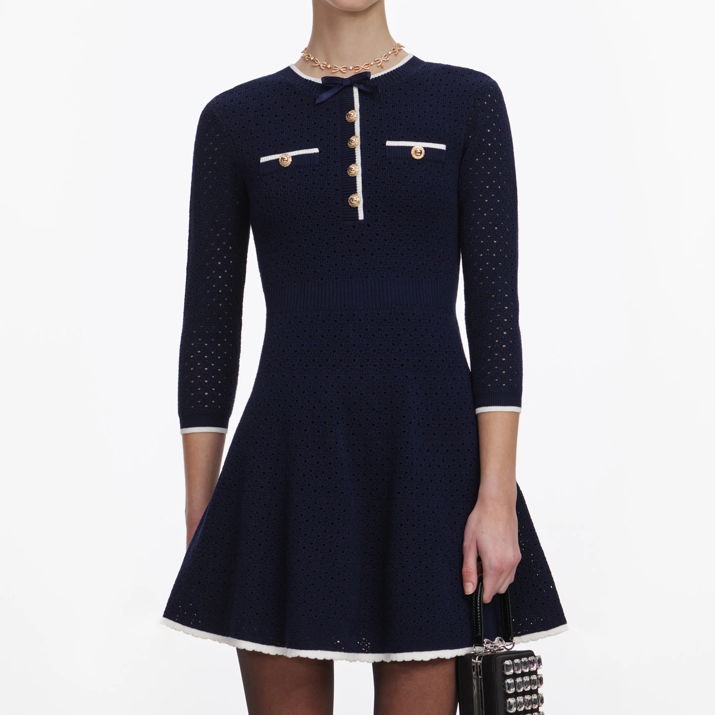 Self-Portrait Navy Bow Knit Mini Dress