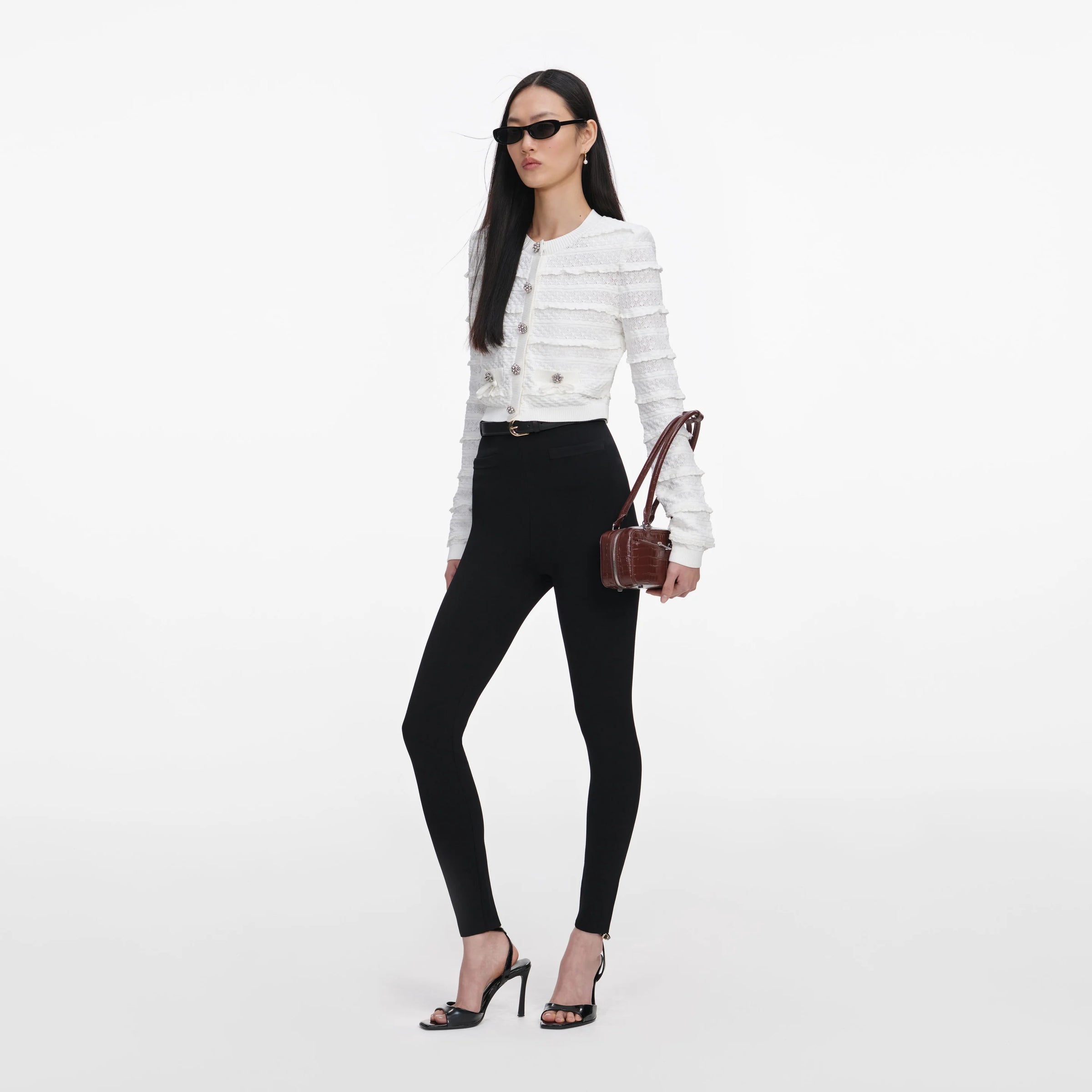 Self-Portrait White Pointelle Diamante Cardigan