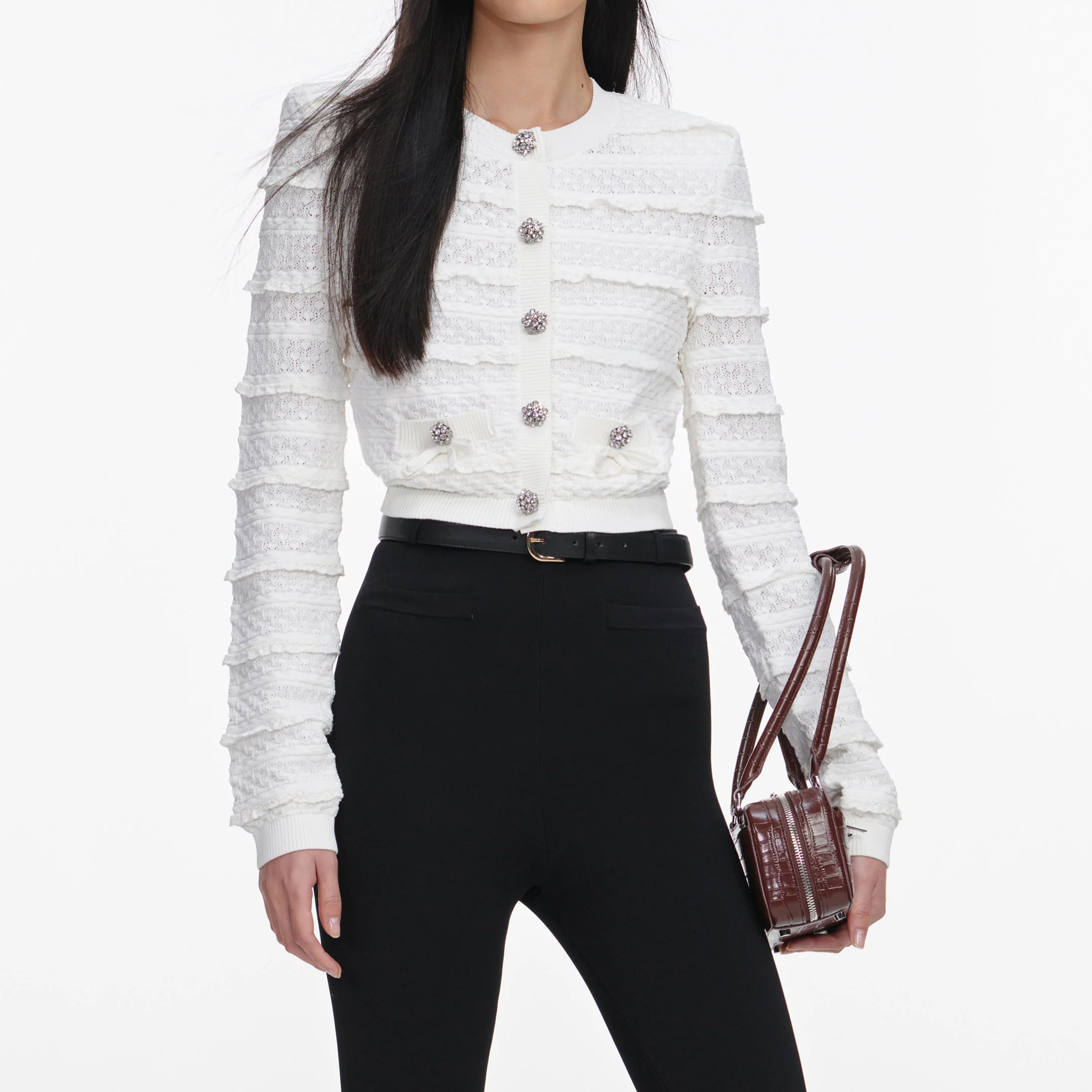 Self-Portrait White Pointelle Diamante Cardigan
