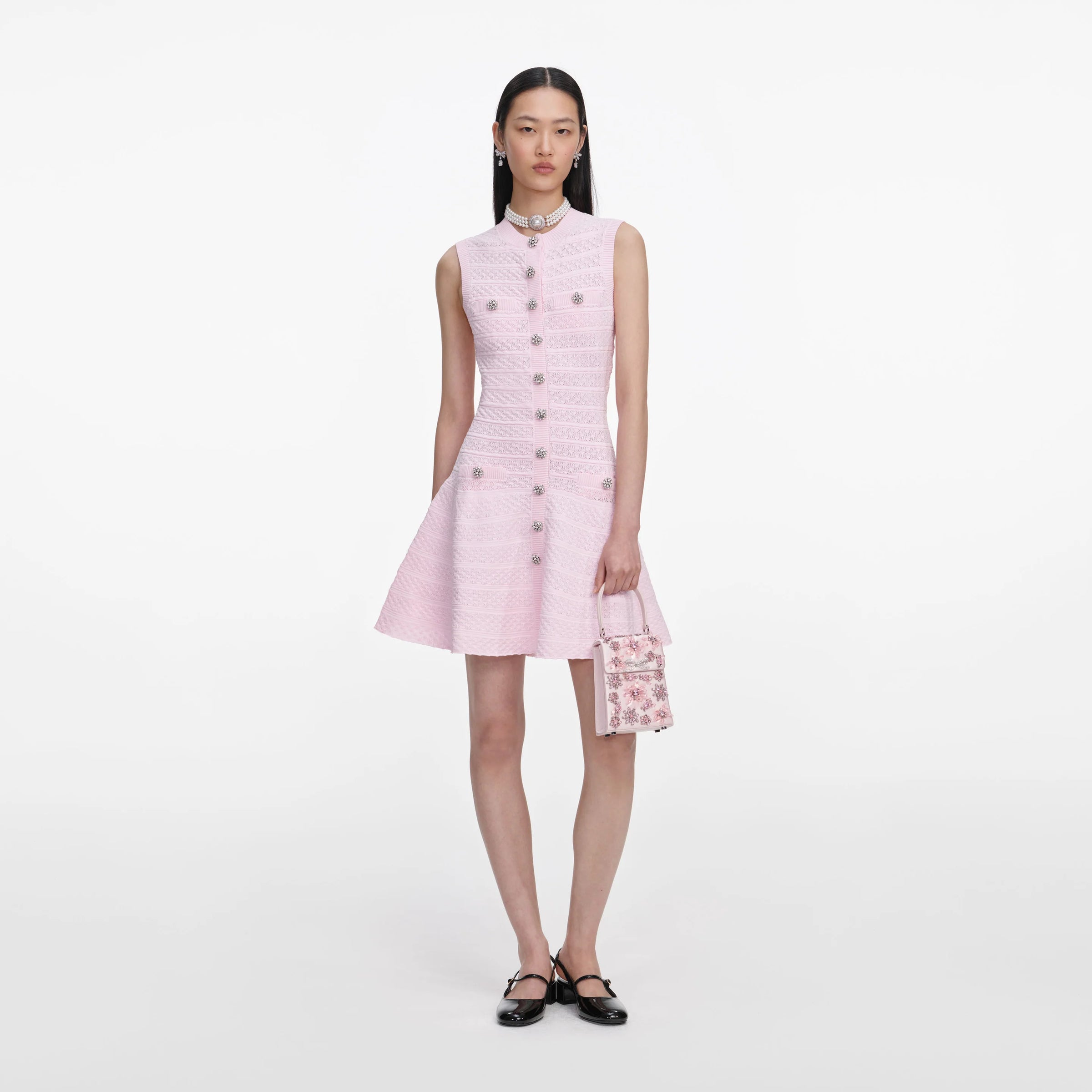 Self-Portrait Pink Pointelle Diamante Knit Mini Dress