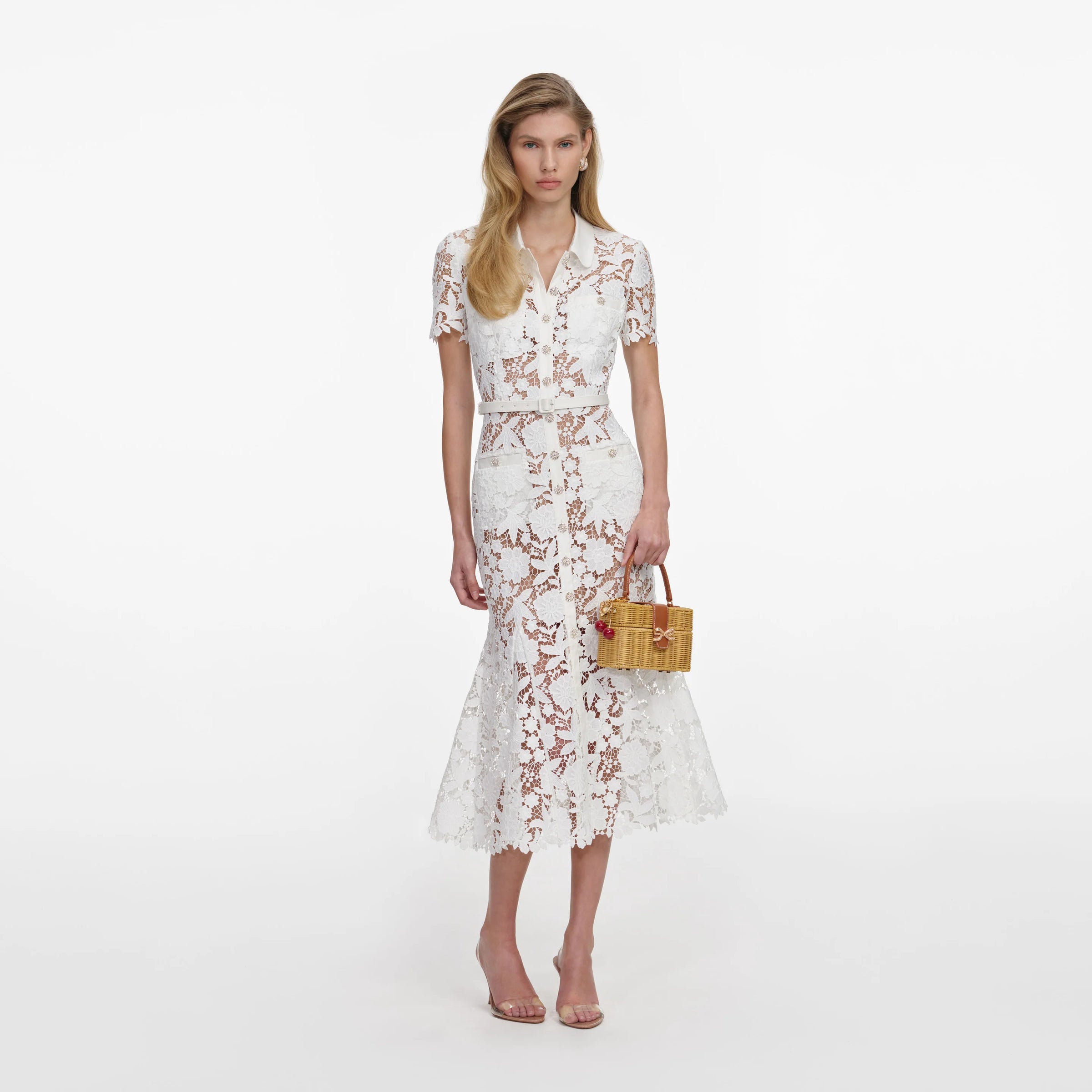 Self-Portrait White Lace Collared Midi Dress