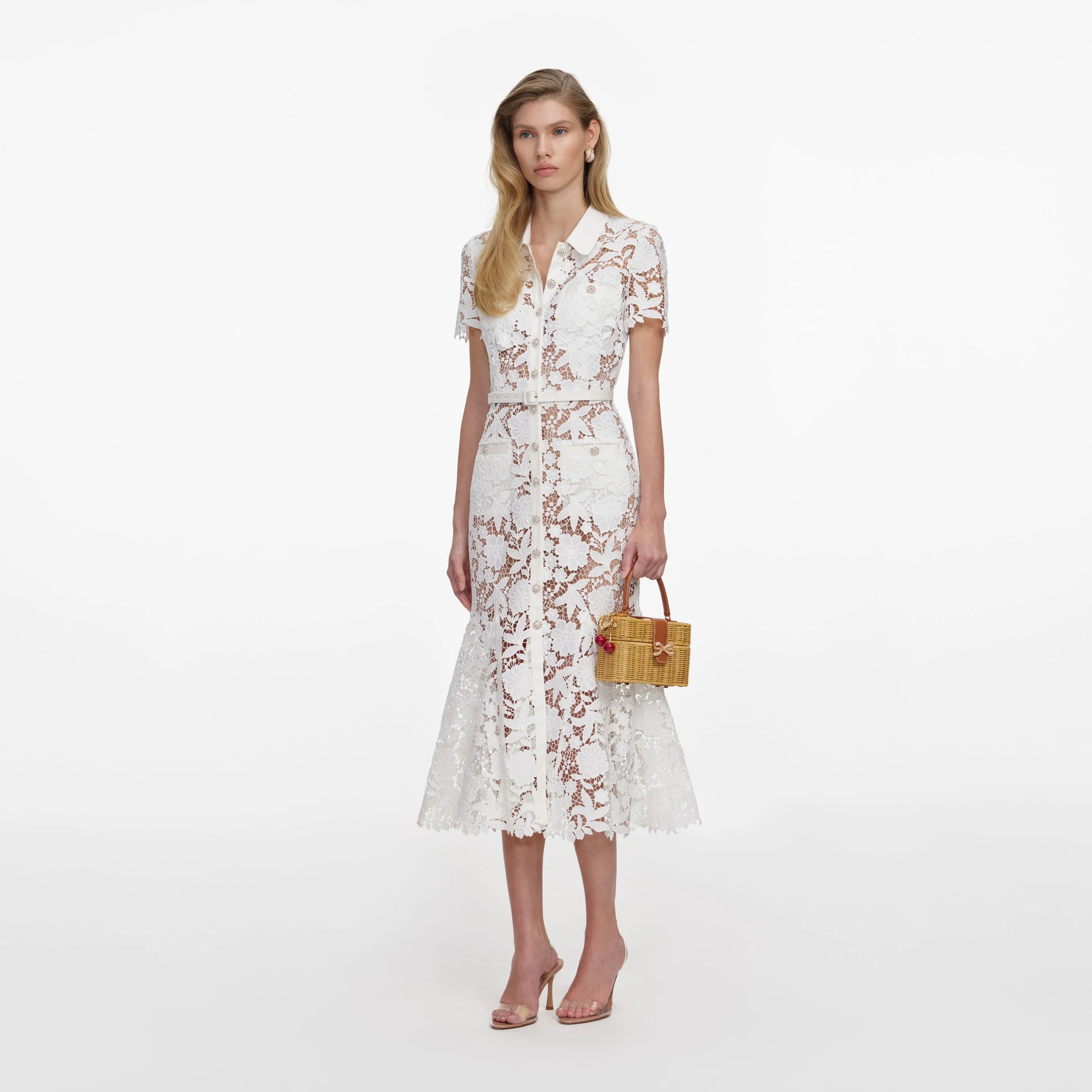 Self-Portrait White Lace Collared Midi Dress