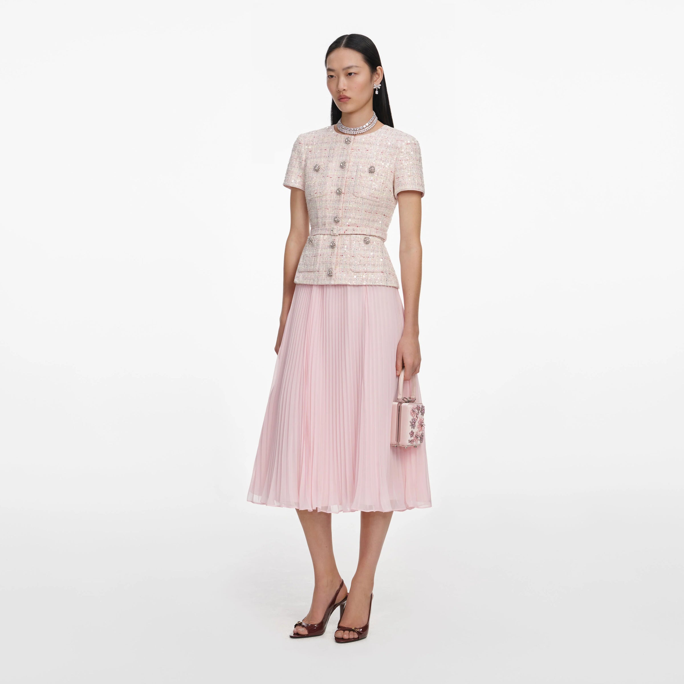 Self-Portrait Pink Sequin Boucle Tailored Midi Dress