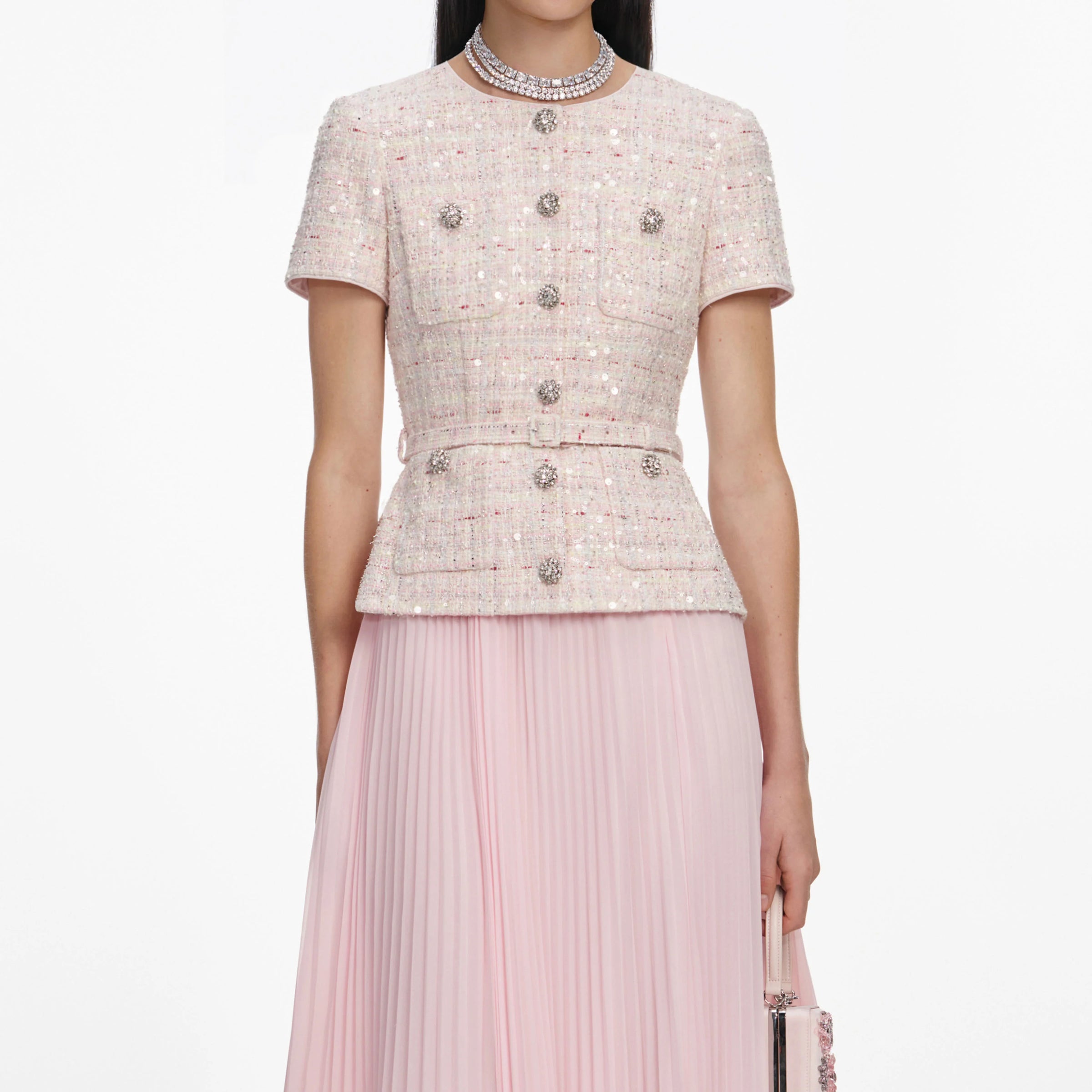 Self-Portrait Pink Sequin Boucle Tailored Midi Dress