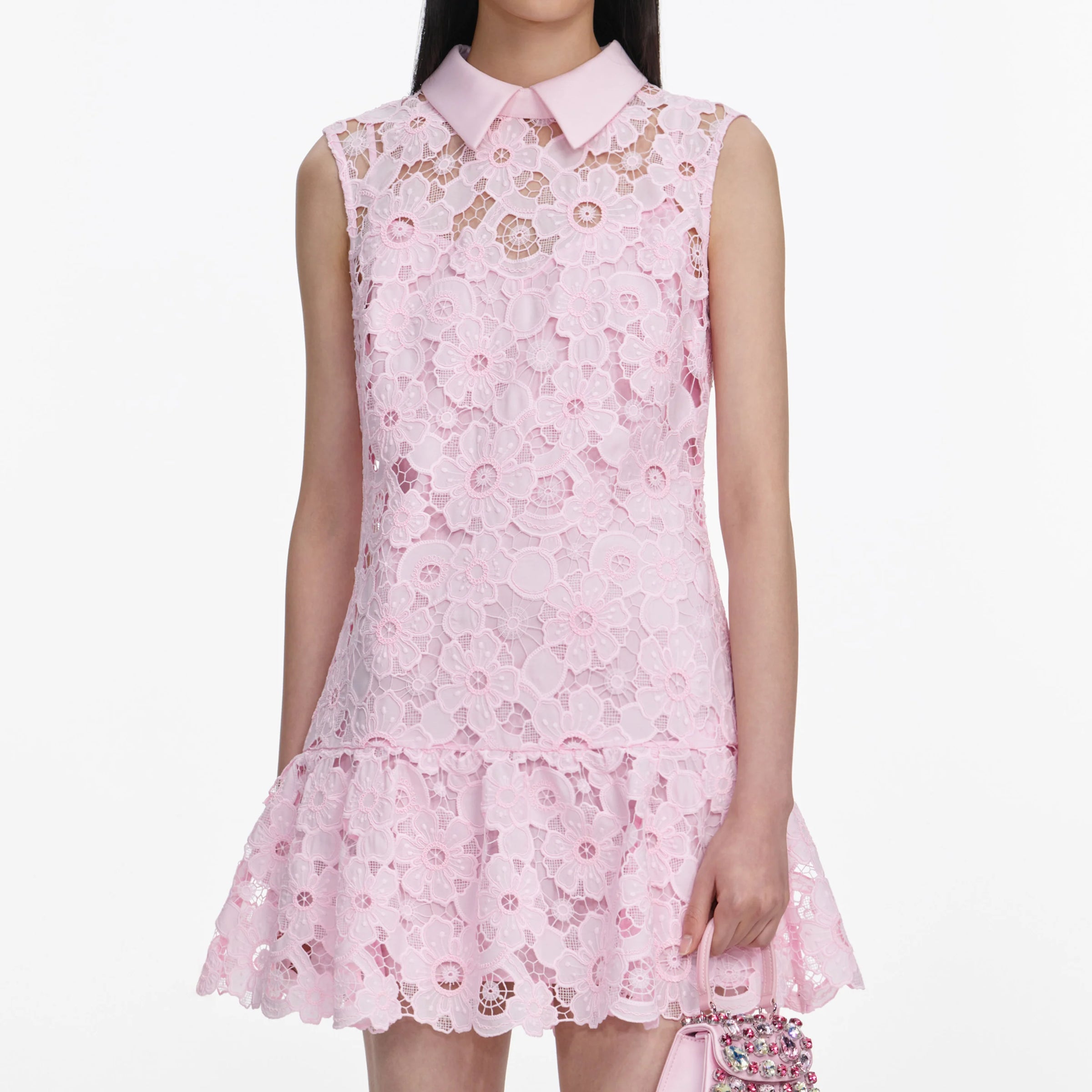 Self-Portrait Pink Lace Collared Mini Dress