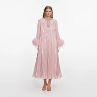 Self-Portrait  Pink Metallic Chiffon Feather Midi Dress