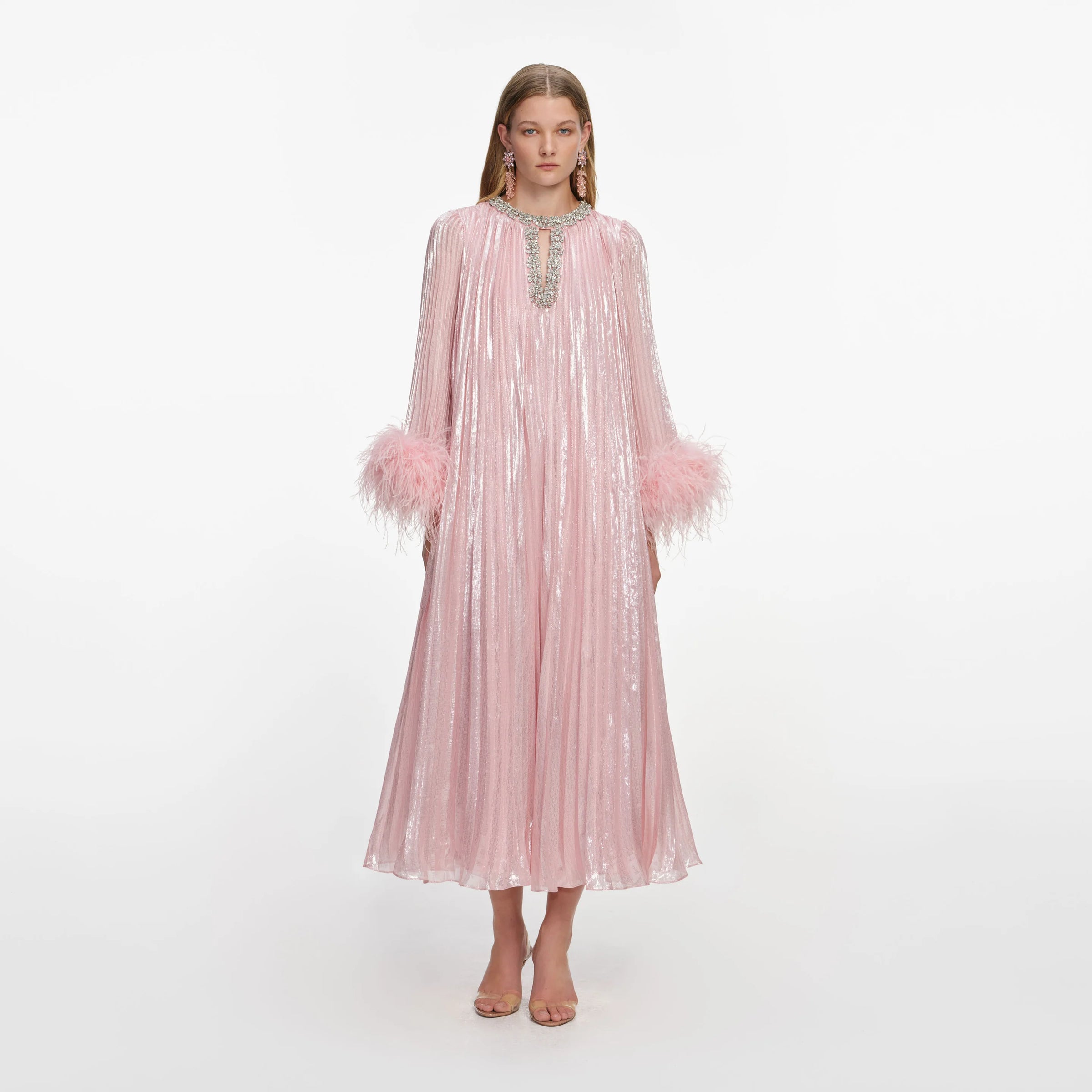 Self-Portrait  Pink Metallic Chiffon Feather Midi Dress