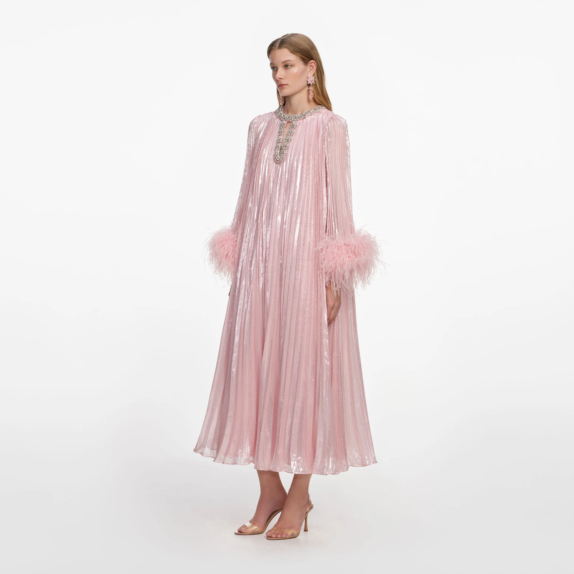 Self-Portrait  Pink Metallic Chiffon Feather Midi Dress