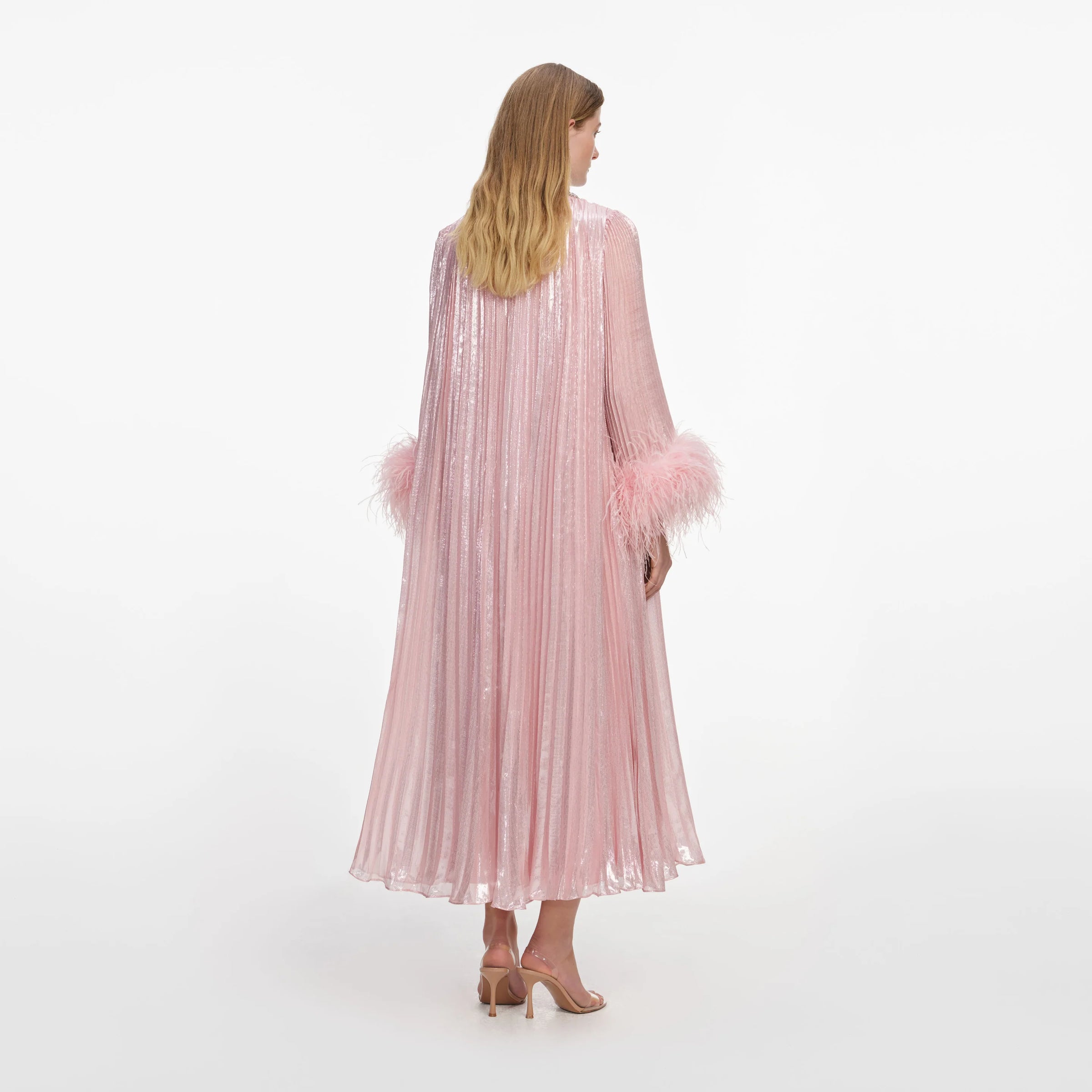 Self-Portrait  Pink Metallic Chiffon Feather Midi Dress