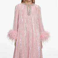 Self-Portrait  Pink Metallic Chiffon Feather Midi Dress
