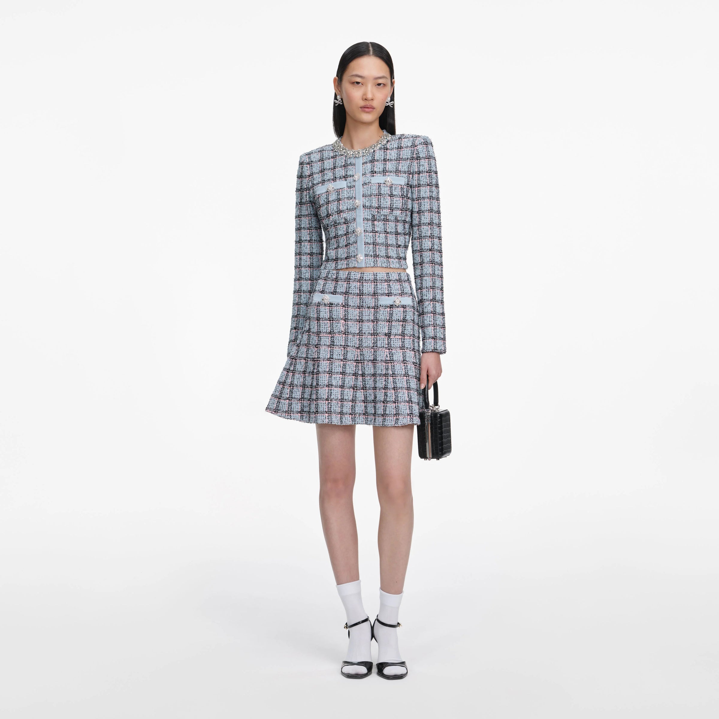 Self-Portrait Blue Check Knit Cardigan