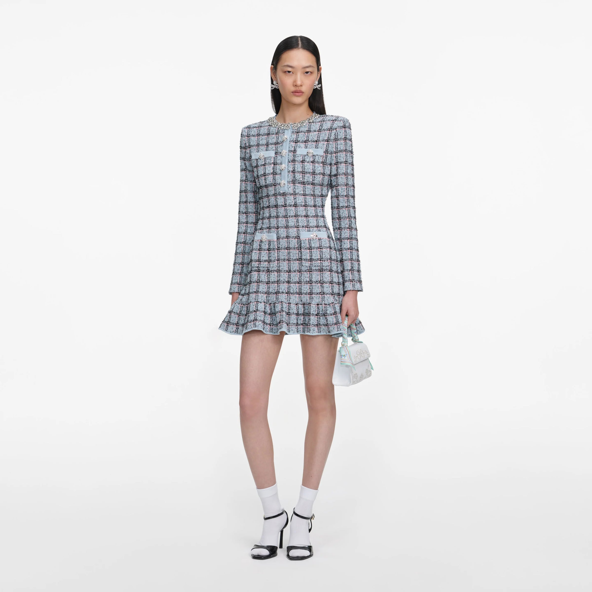 Self-Portrait Blue Check Knit Mini Dress