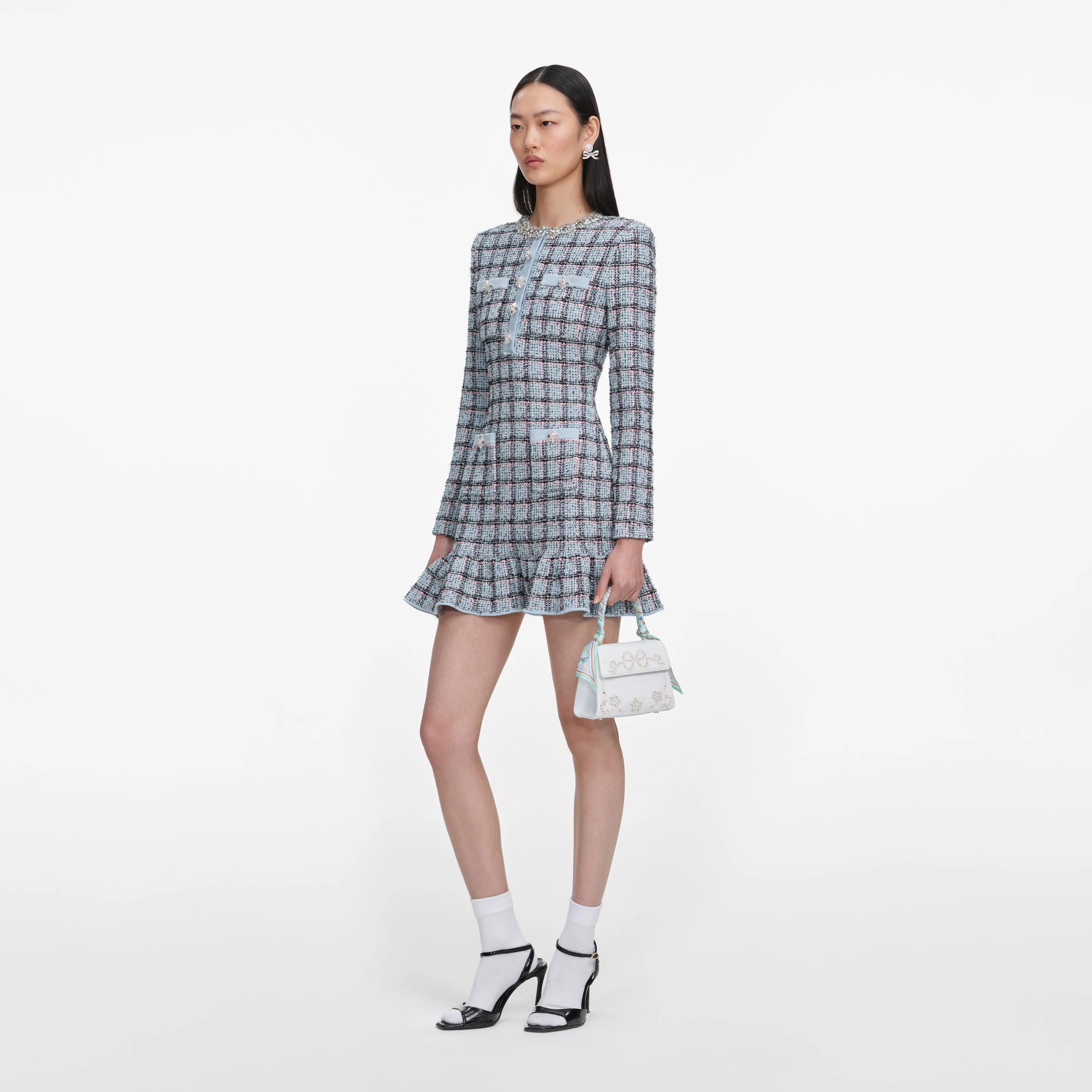 Self-Portrait Blue Check Knit Mini Dress