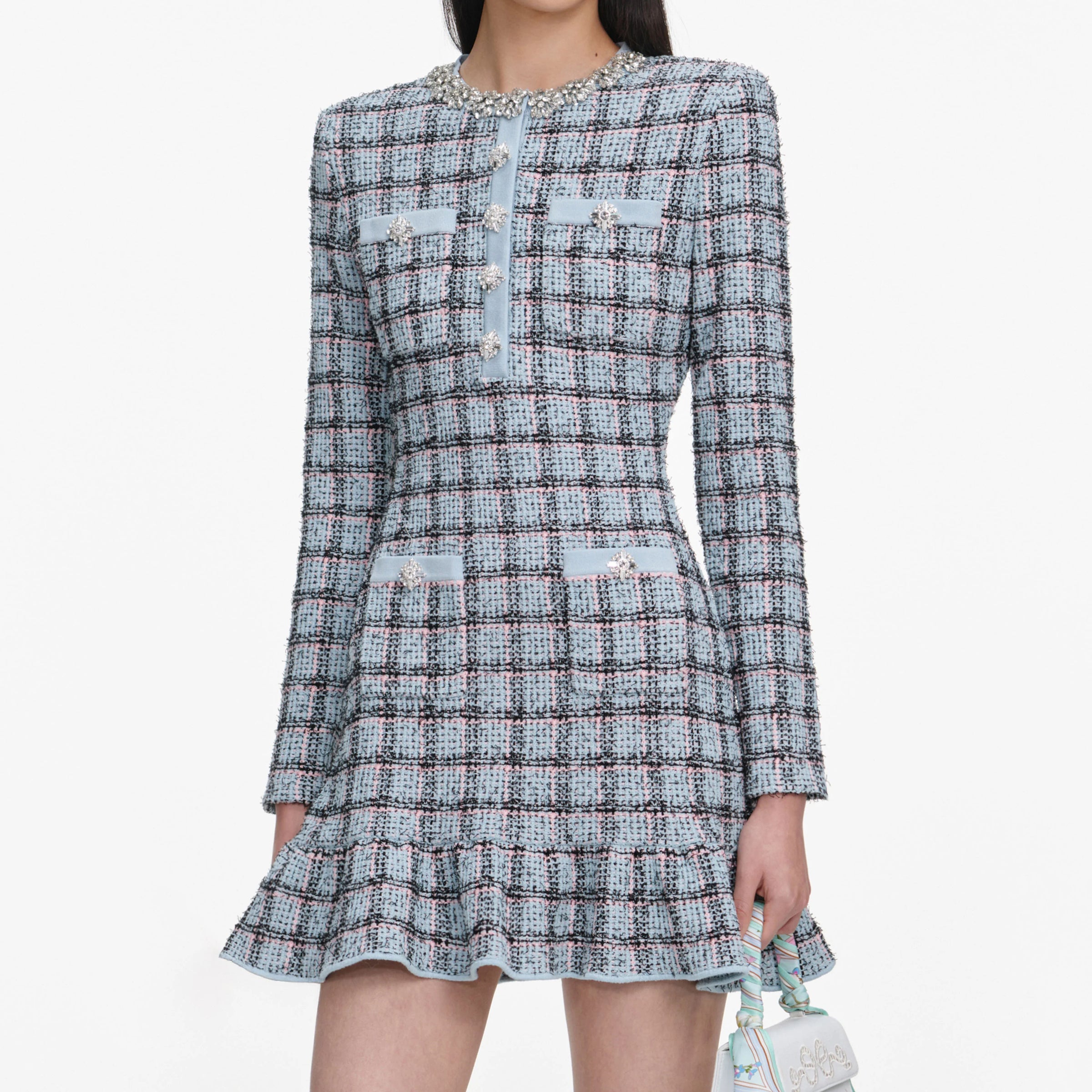 Self-Portrait Blue Check Knit Mini Dress