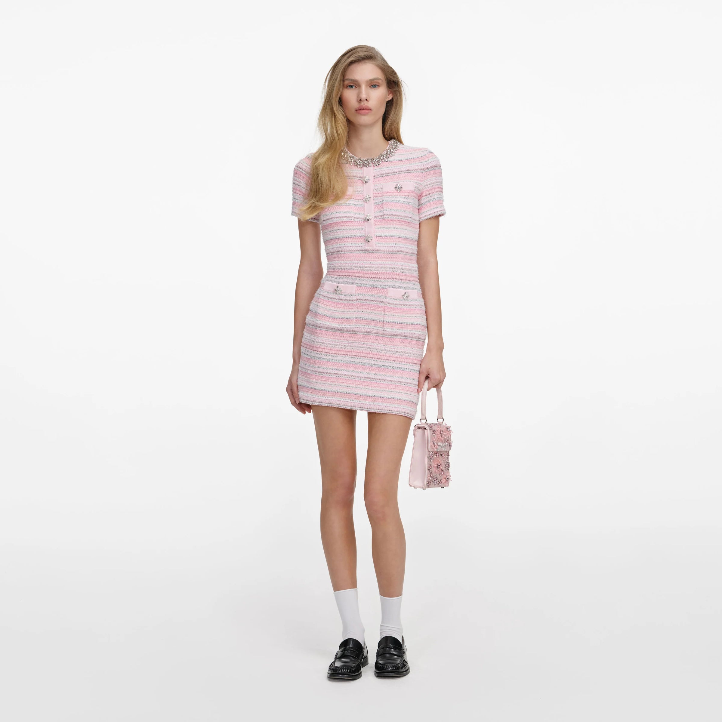 Self-Portrait Pink Textured Knit Mini Dress
