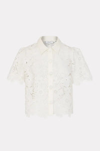 Milly Addison Roja Embroidered Floral Lace Short Sleeve Button Down Top