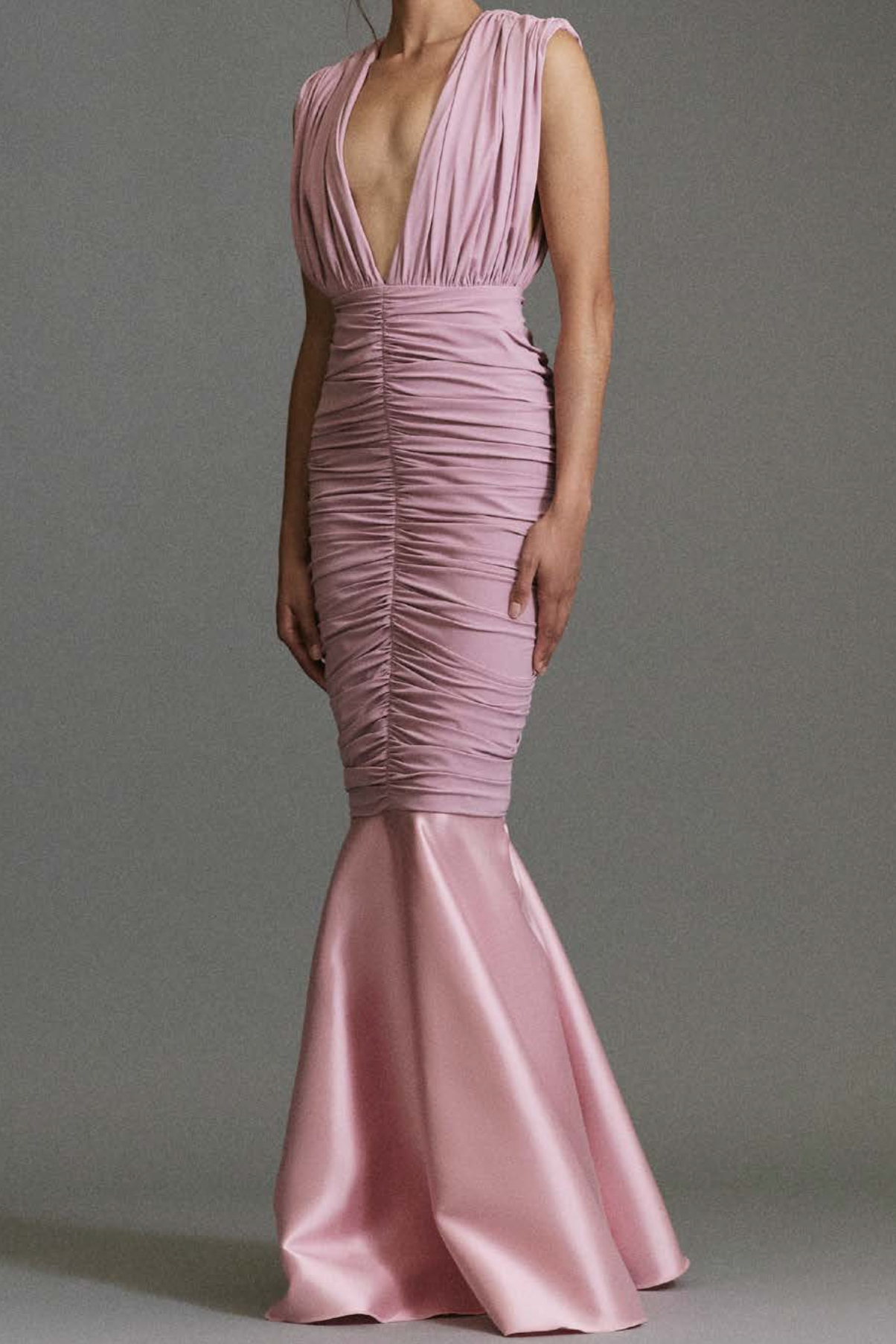Greta Constantine Mergan Draped V-Neck Gown with Flounce Malva/Rose