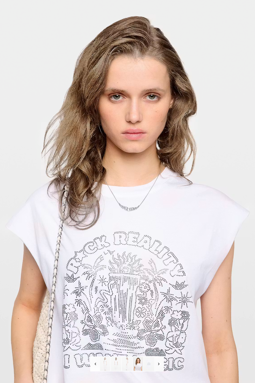 Zadig & Voltaire JWTO1293 Cloe HC Cascade Strass Tee Blanc