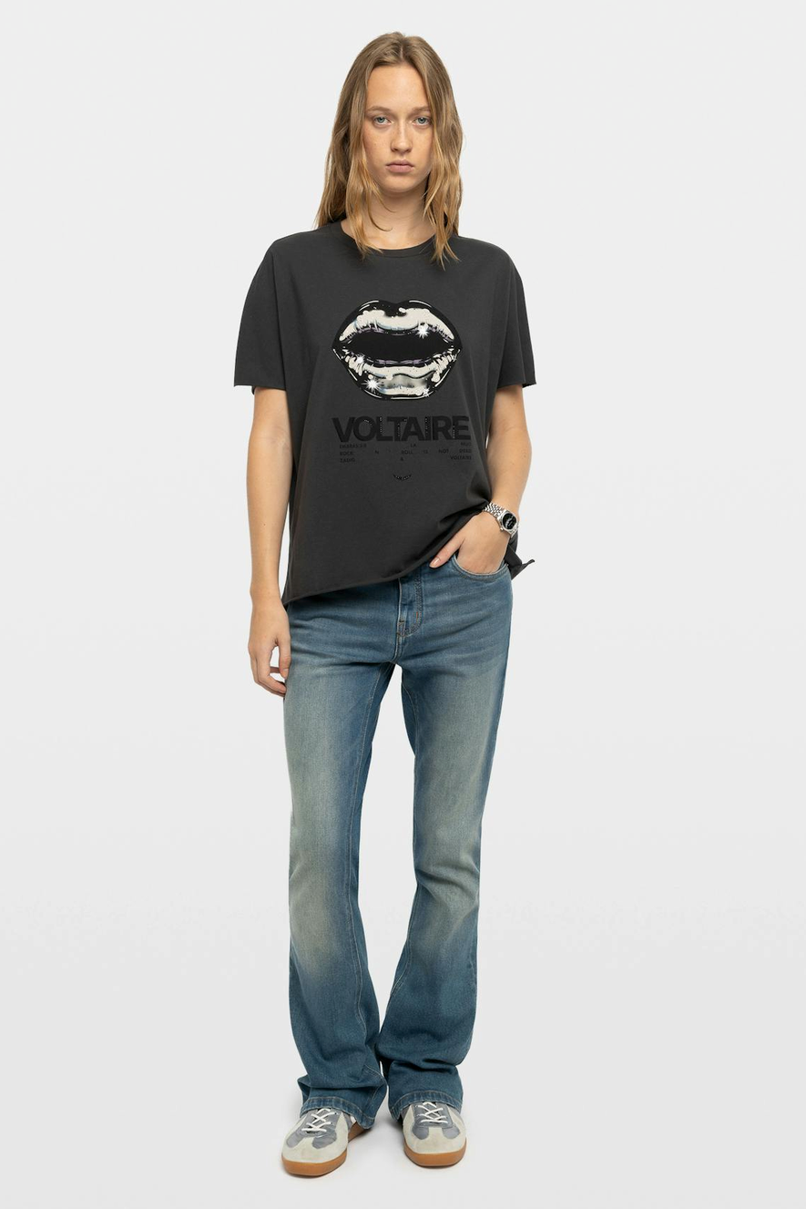 Zadig & Voltaire Tommer Cotton Print T-Shirt With Rhinestones - Carbone