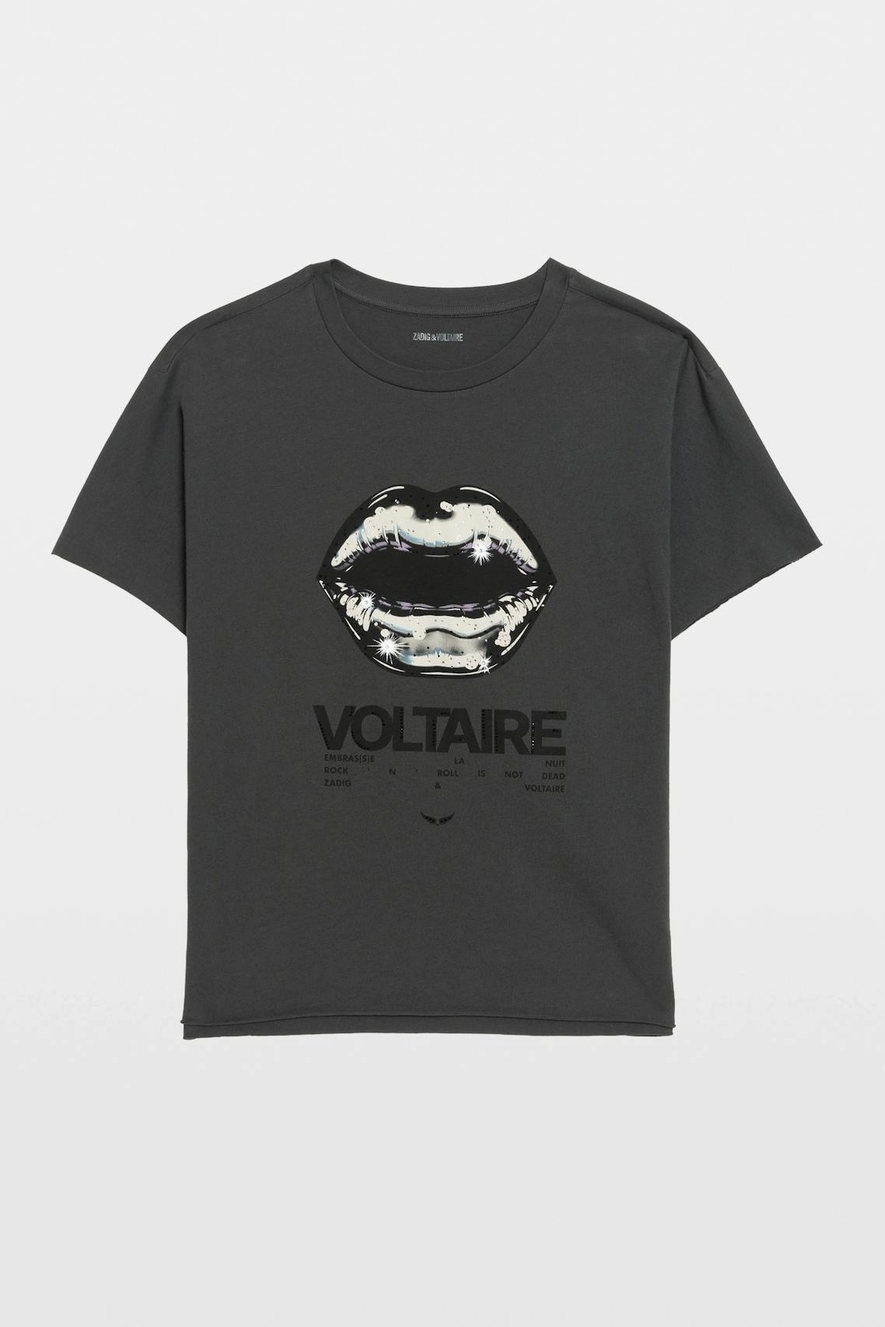 Zadig & Voltaire Tommer Cotton Print T-Shirt With Rhinestones - Carbone