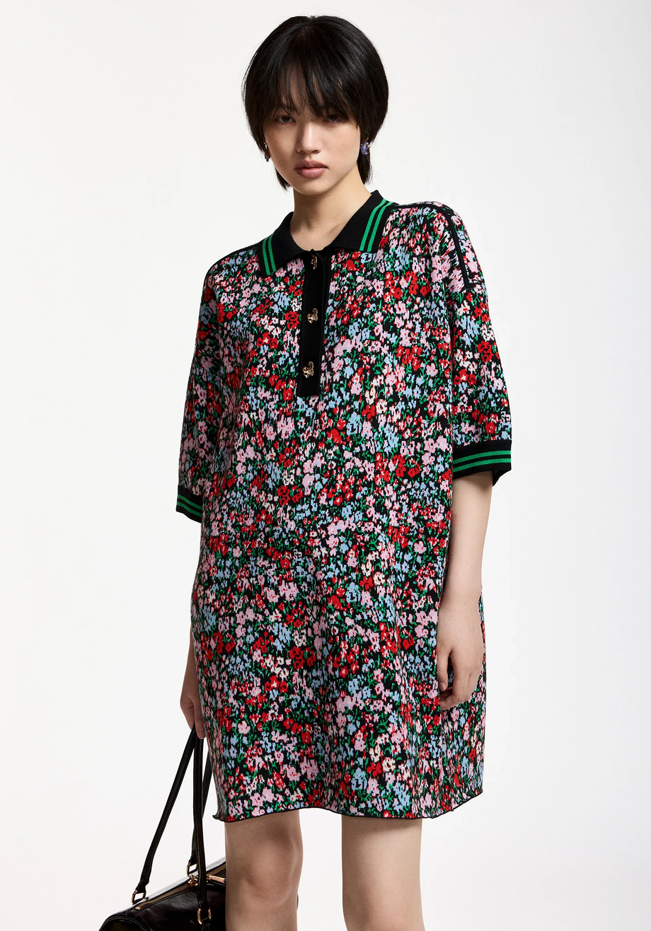 Essentiel Antwerp Kartos Floral-Print Polo with Bow Buttons Flower Multi