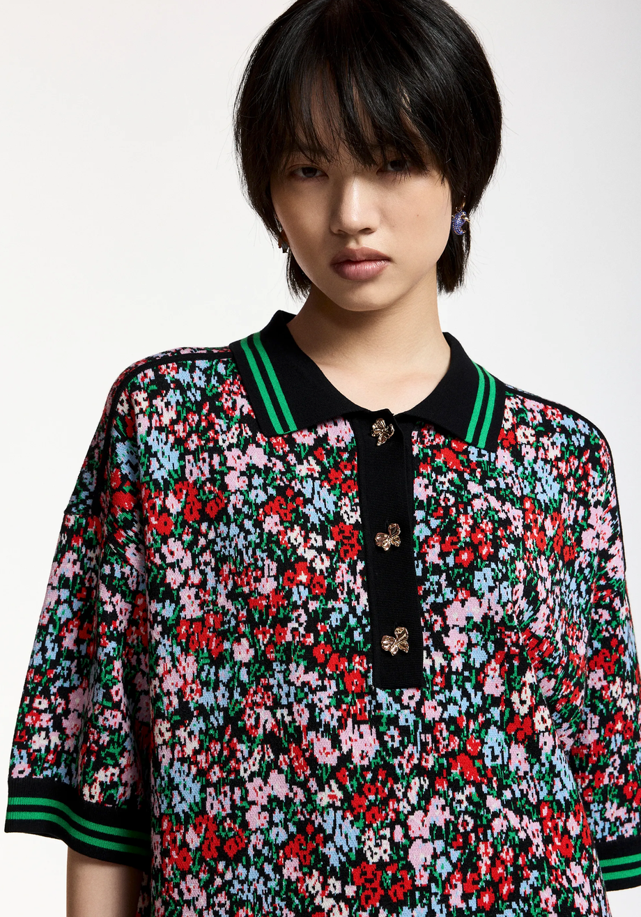 Essentiel Antwerp Kartos Floral-Print Polo with Bow Buttons Flower Multi