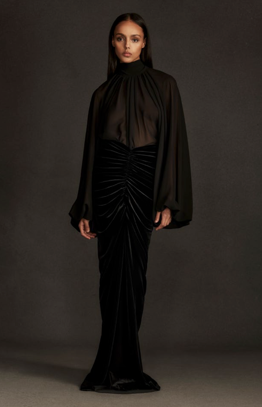 Greta Constantine Drape Floor-Length Ruched Skirt Black