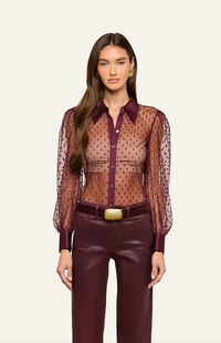 L'Agence Sophie Long-Sleeve Blouse Deep Sangria Swiss Dot