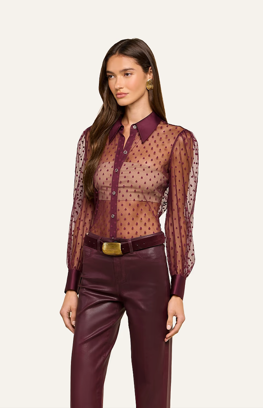 L'Agence Sophie Long-Sleeve Blouse Deep Sangria Swiss Dot