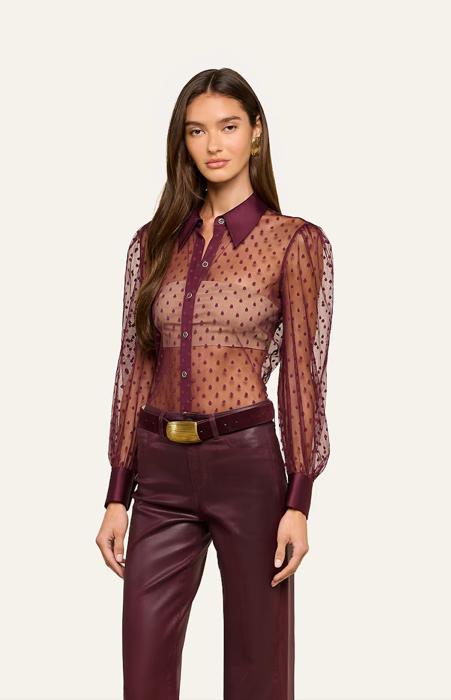 L'Agence Sophie Long-Sleeve Blouse Deep Sangria Swiss Dot