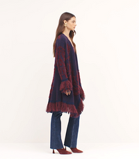 L'Agence 80278HAO-MDBJ Cardigan Naiad en jacquard à franges bleu nuit/bordeaux